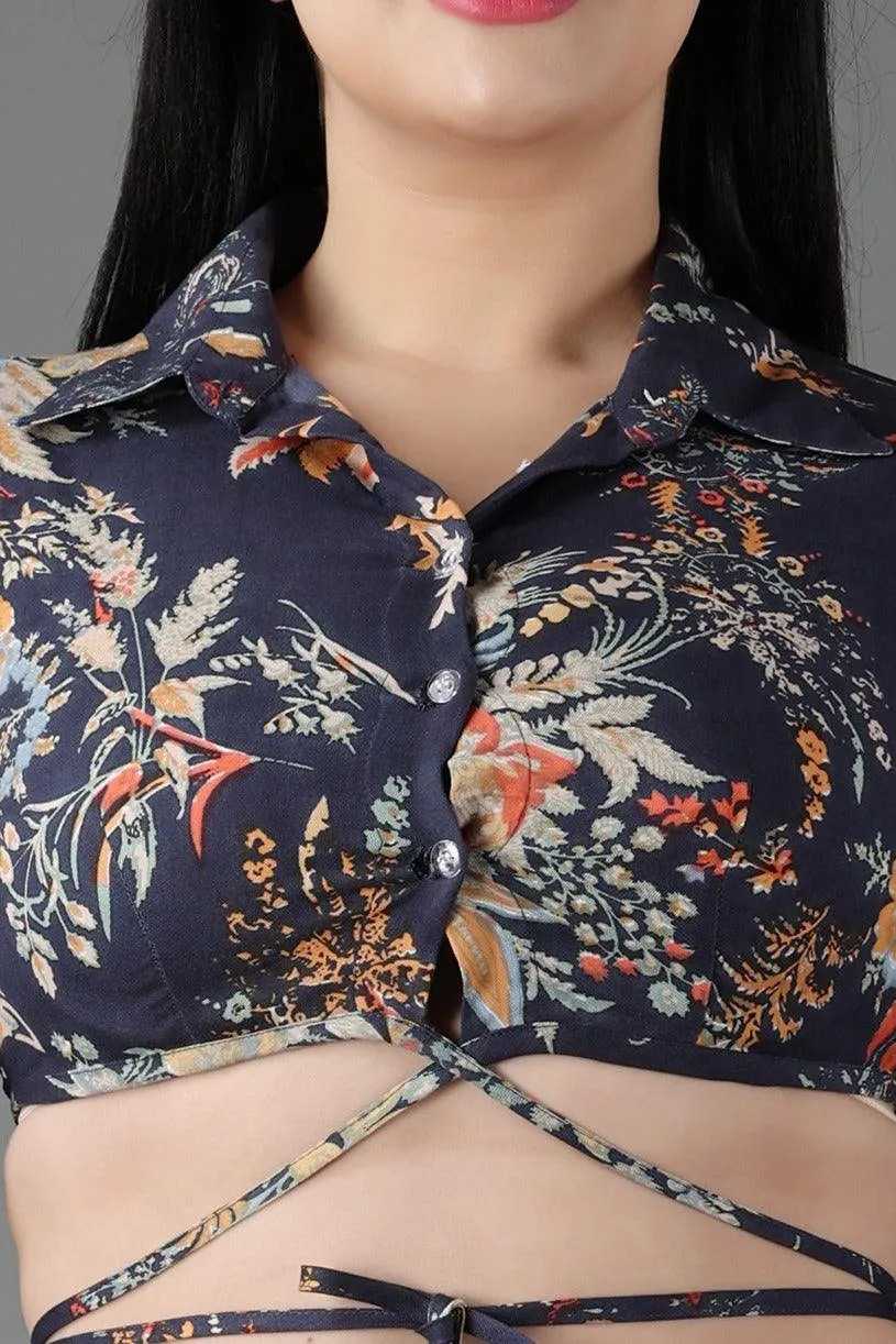 Black Floral Shirt Style Tie Around Top