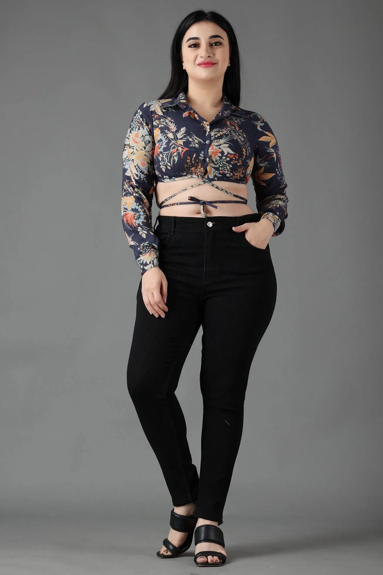 Black Floral Shirt Style Tie Around Top