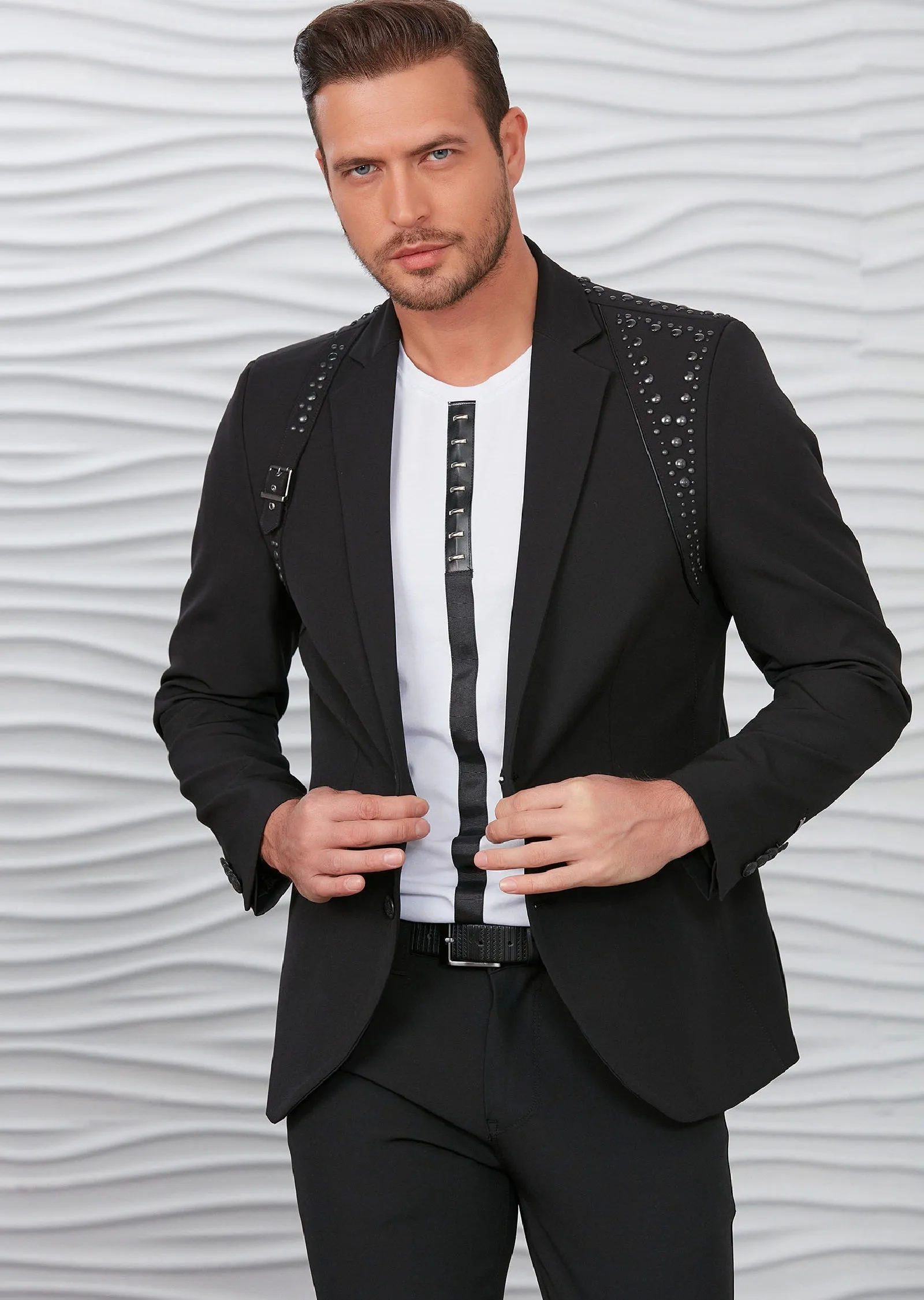 Black Harness Buckle Studded Blazer