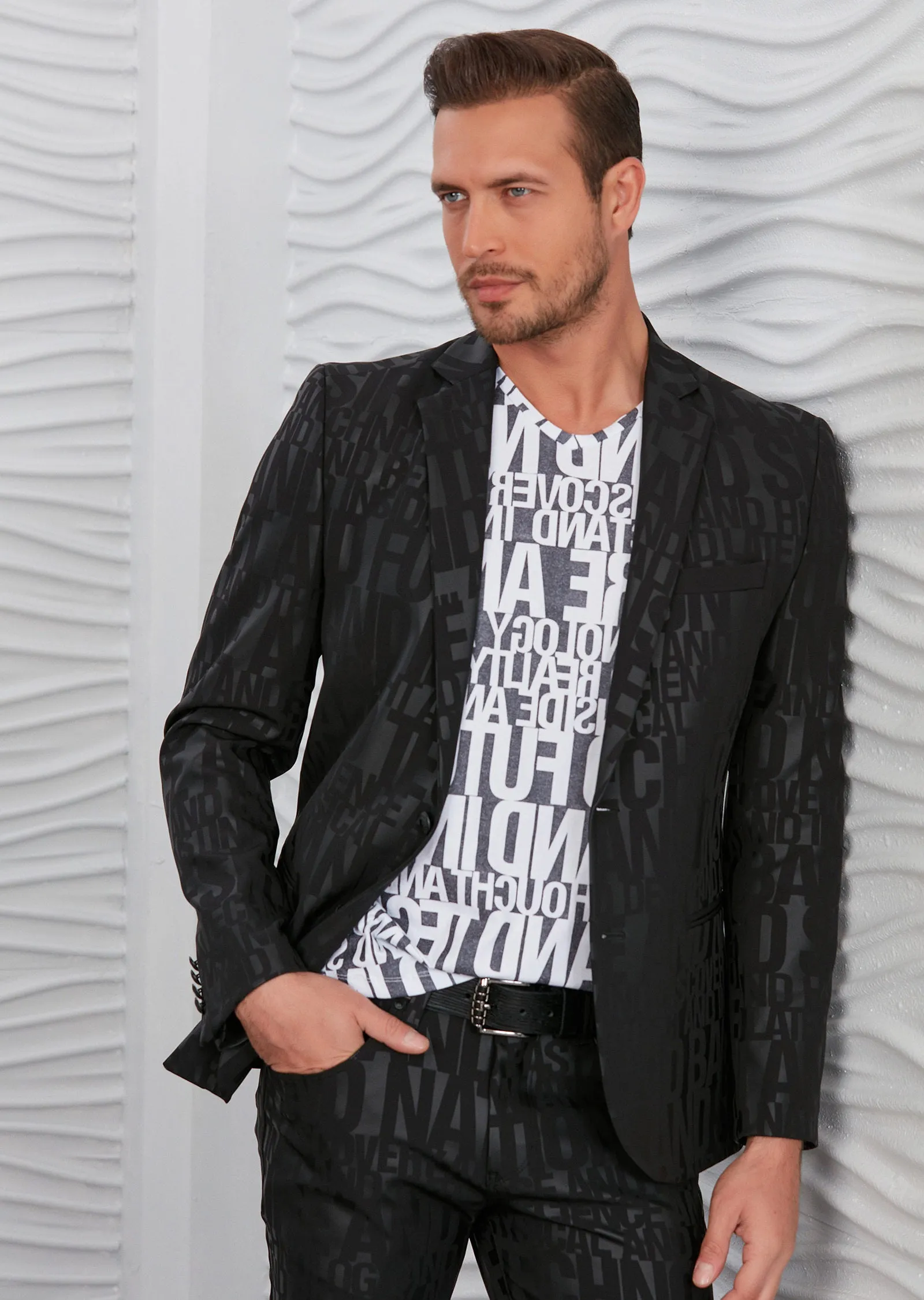 Black Shiny "Words" Print Blazer