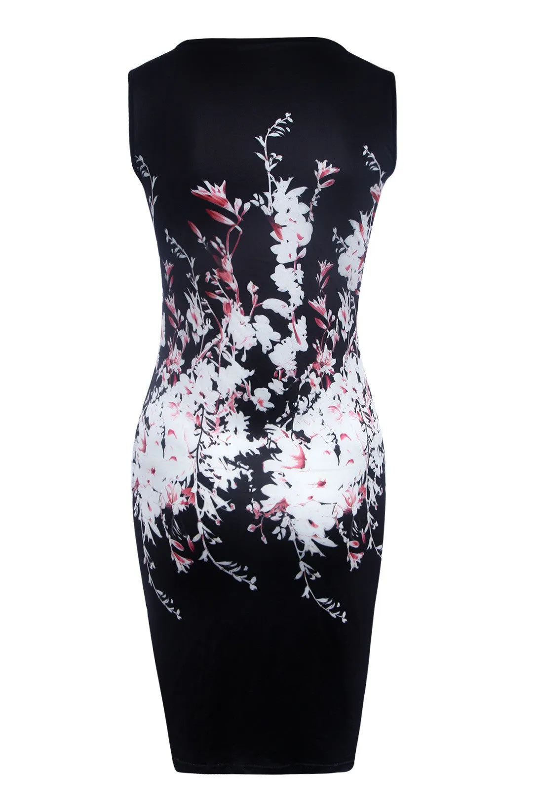 Black Sleeveless Floral Print Bodycon Knee-Length Dress