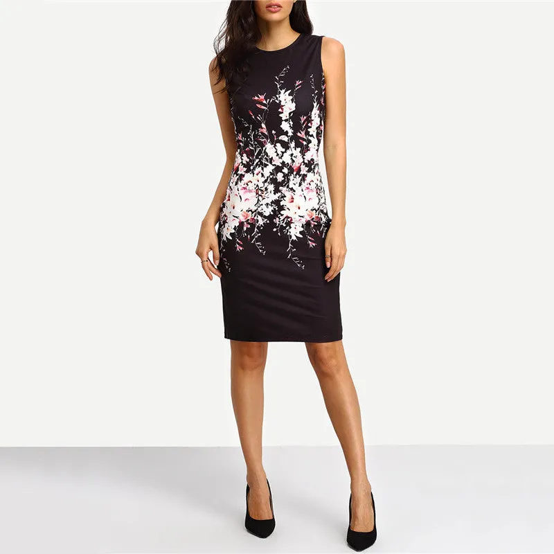 Black Sleeveless Floral Print Bodycon Knee-Length Dress