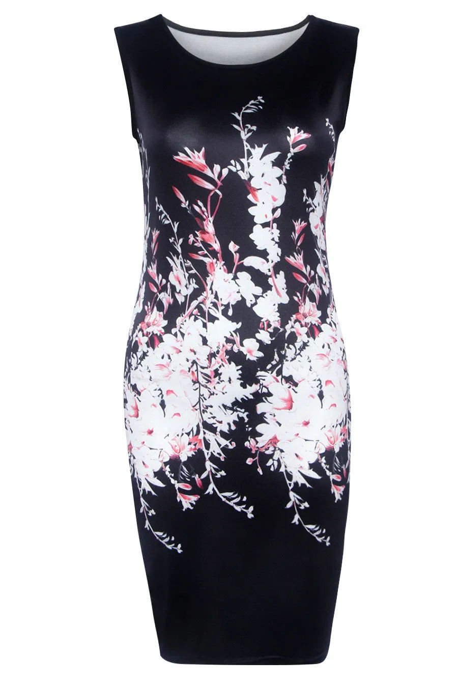 Black Sleeveless Floral Print Bodycon Knee-Length Dress