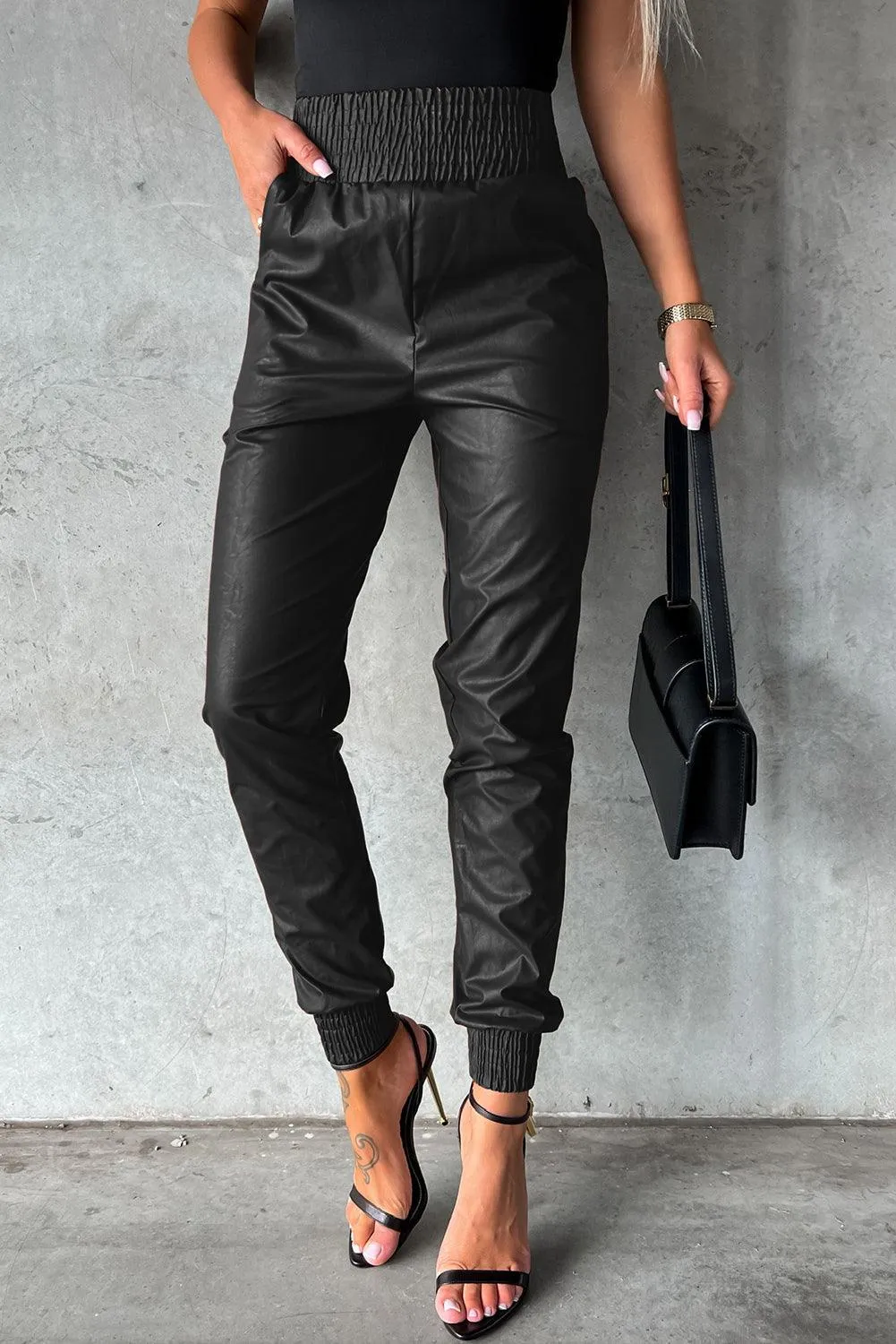 Black Smocked High-Waist Leather Skinny Pants