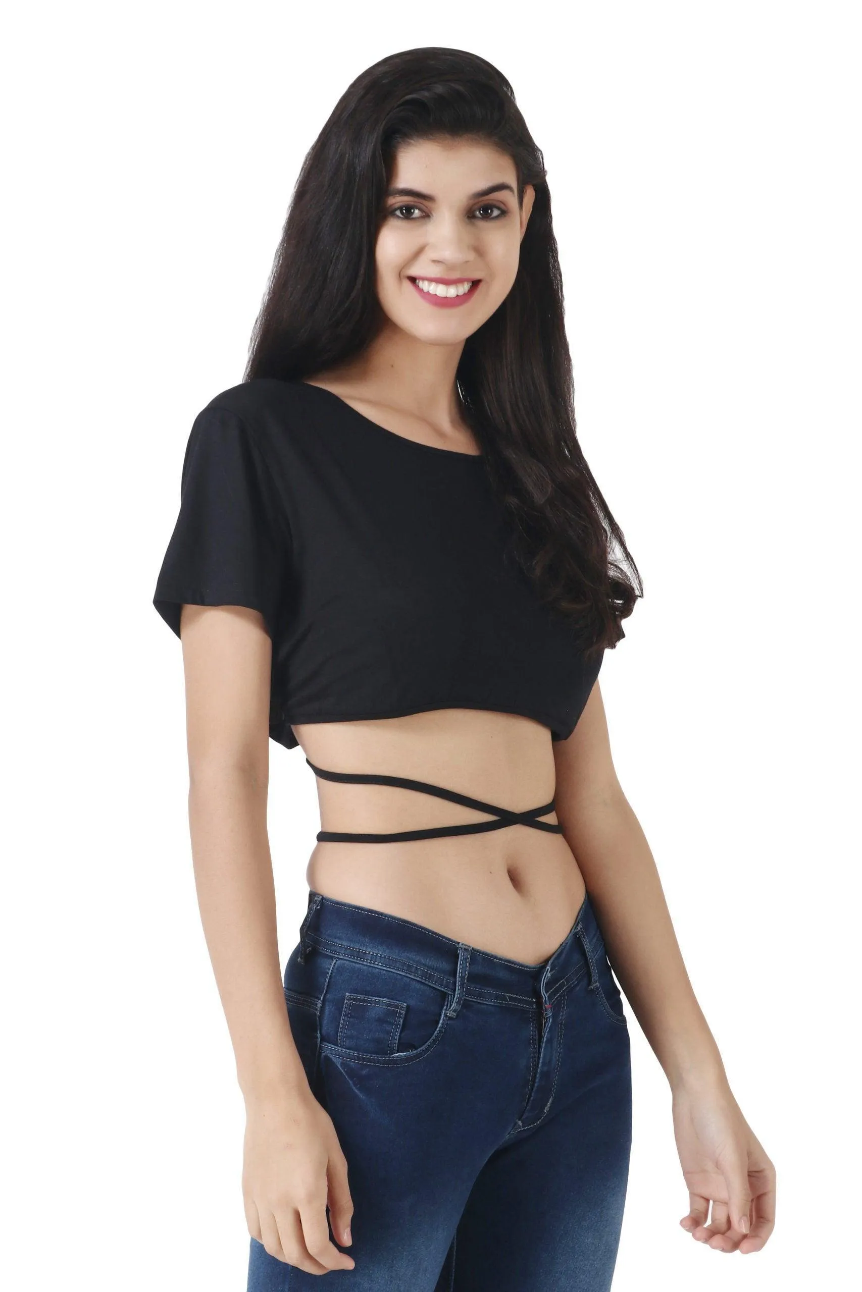 Black Solid Criss Cross Back Tie Top with Sleeves