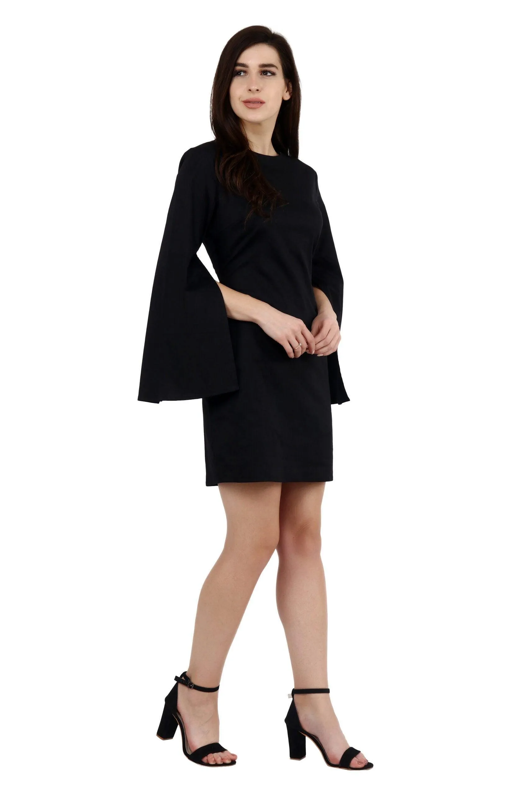 Black Solid Dress with Slit Sleeves