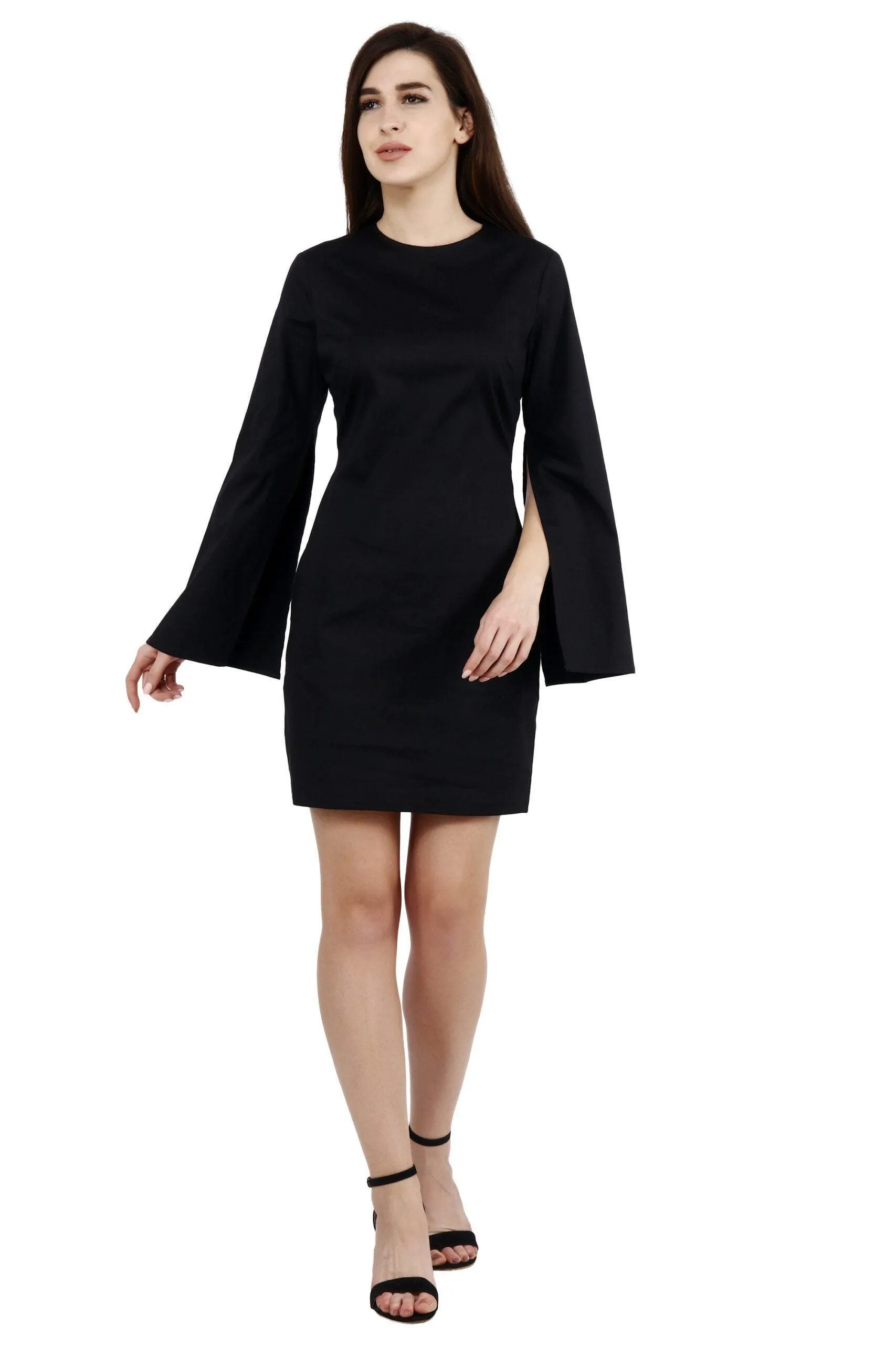 Black Solid Dress with Slit Sleeves