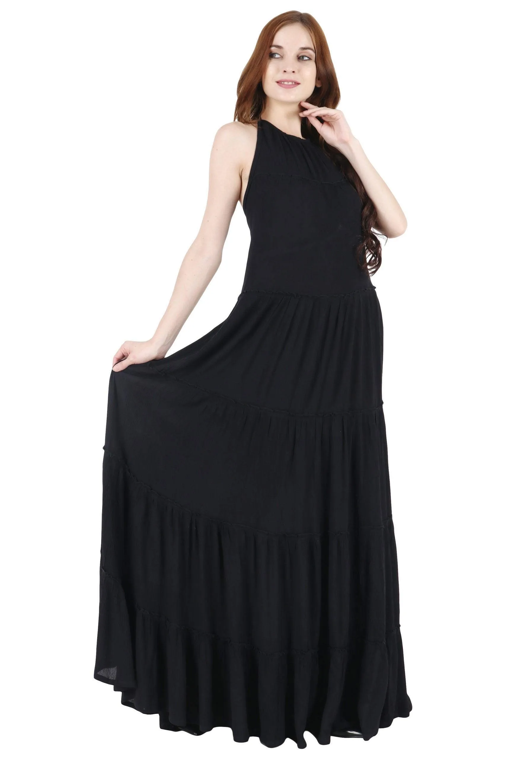 Black Solid Frill Maxi Dress