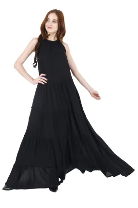 Black Solid Frill Maxi Dress