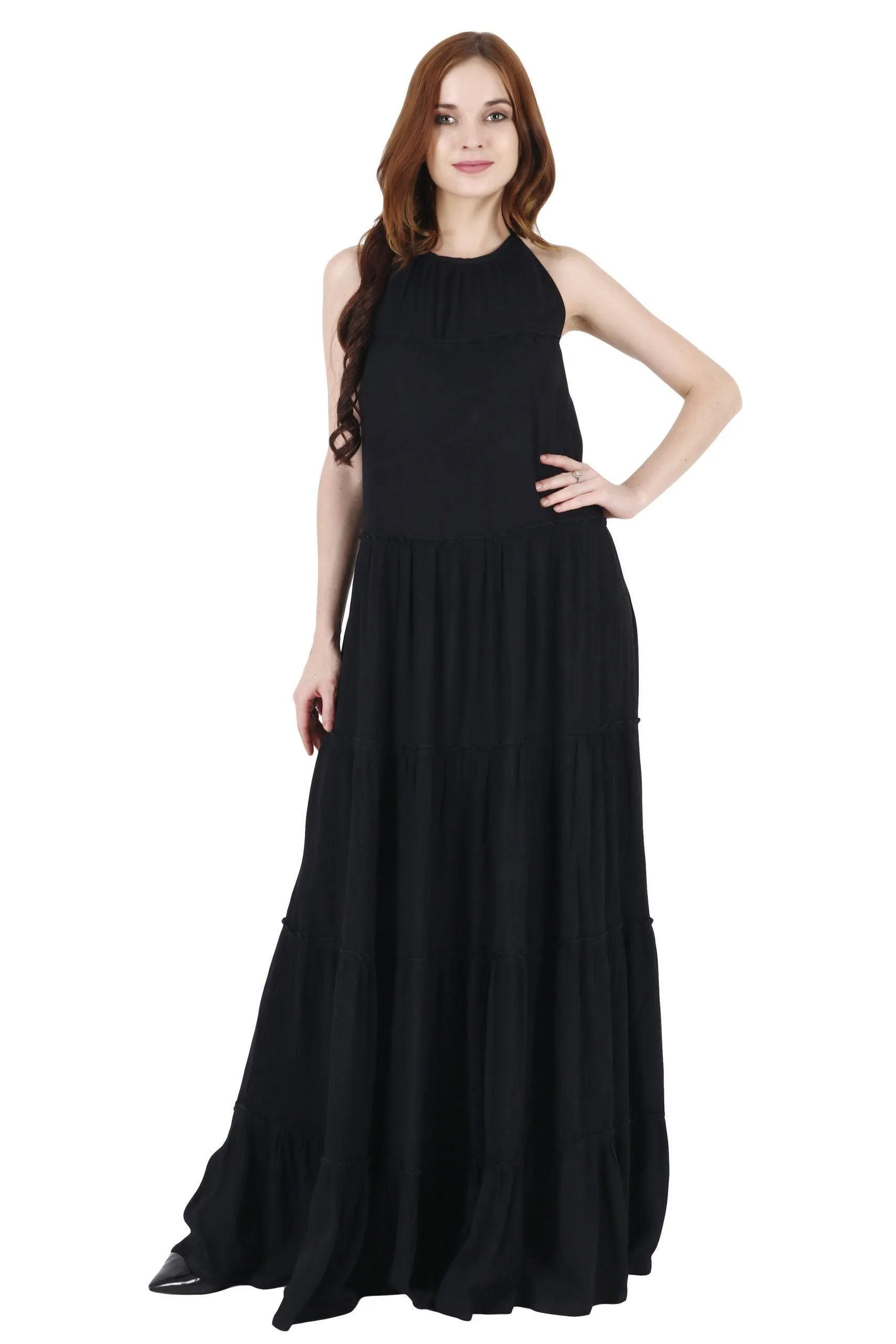 Black Solid Frill Maxi Dress