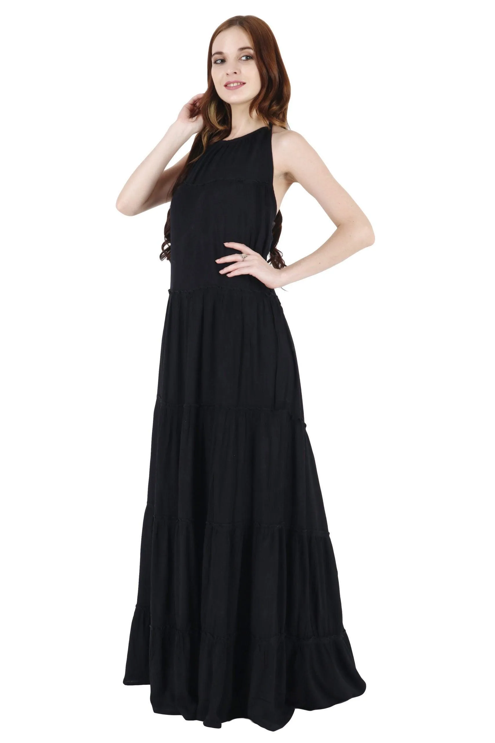 Black Solid Frill Maxi Dress