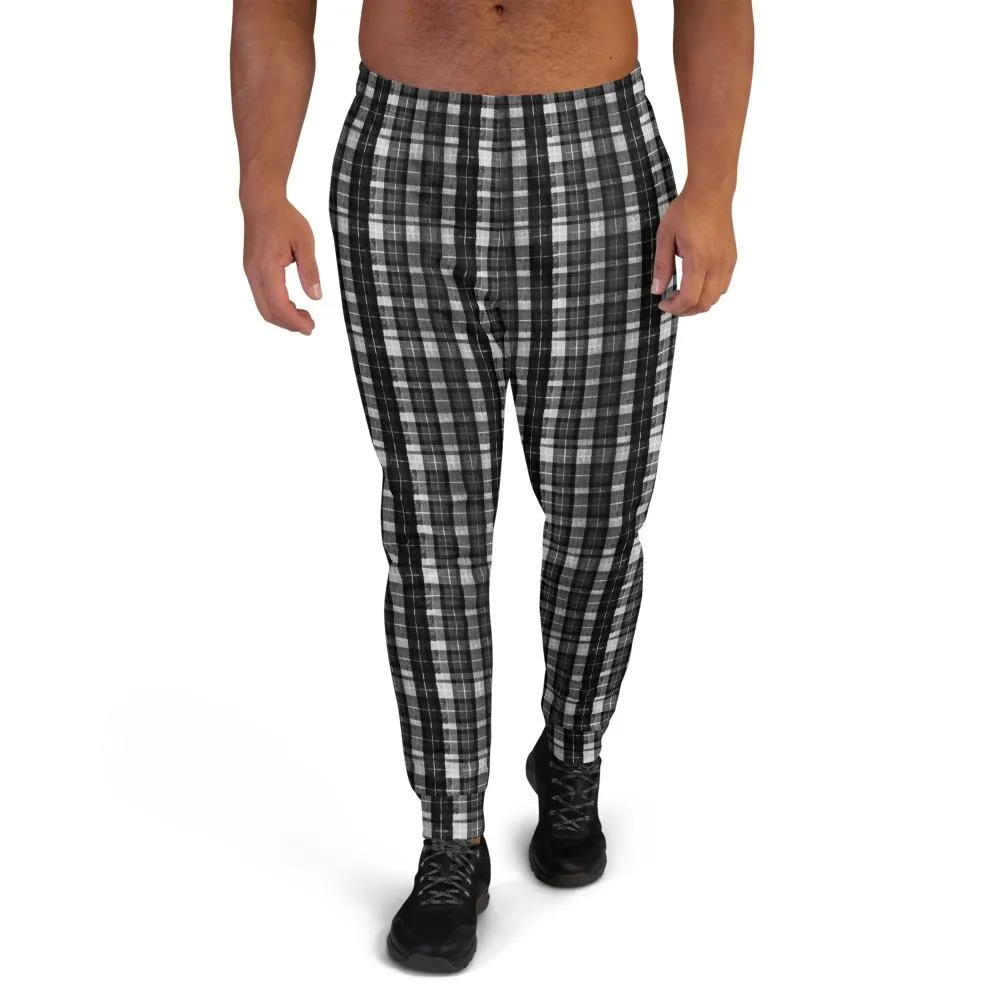 Black Tartan Men's Joggers, Plaid Print Designer Casual Sweatpants For Men- Made in EU