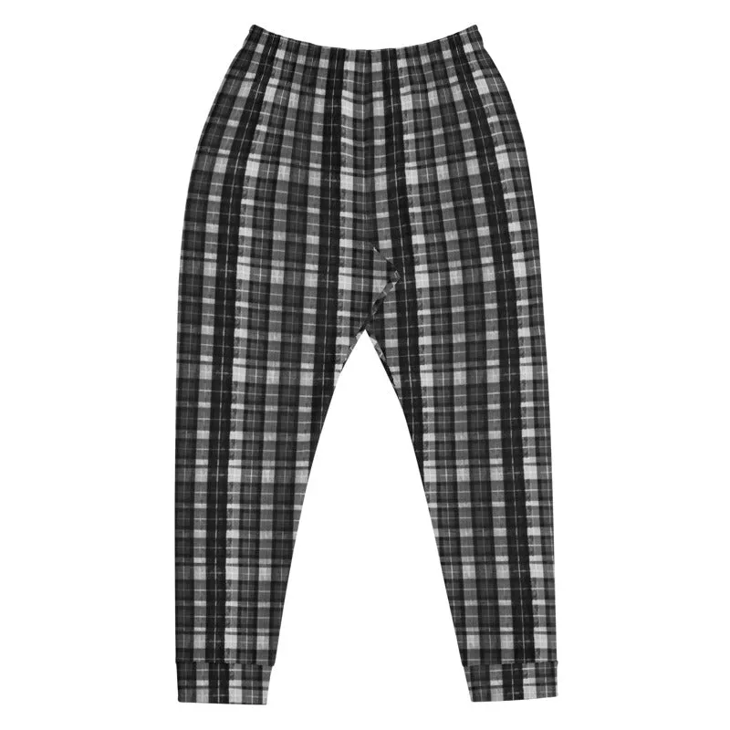 Black Tartan Men's Joggers, Plaid Print Designer Casual Sweatpants For Men- Made in EU