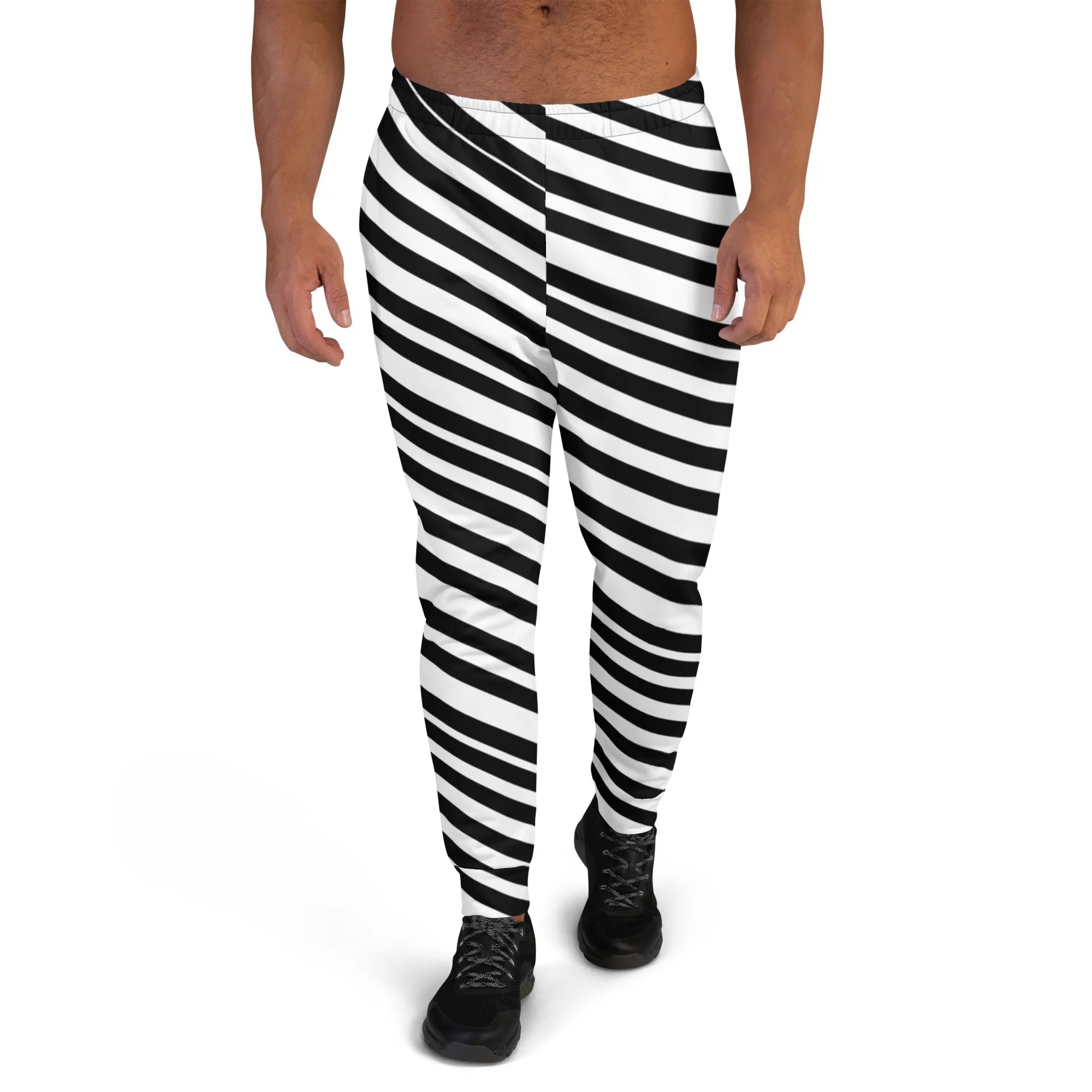 Black White Stripes Men's Joggers, Diagonally Striped Men's Sweatpants Joggers-Made in USA/EU/MX