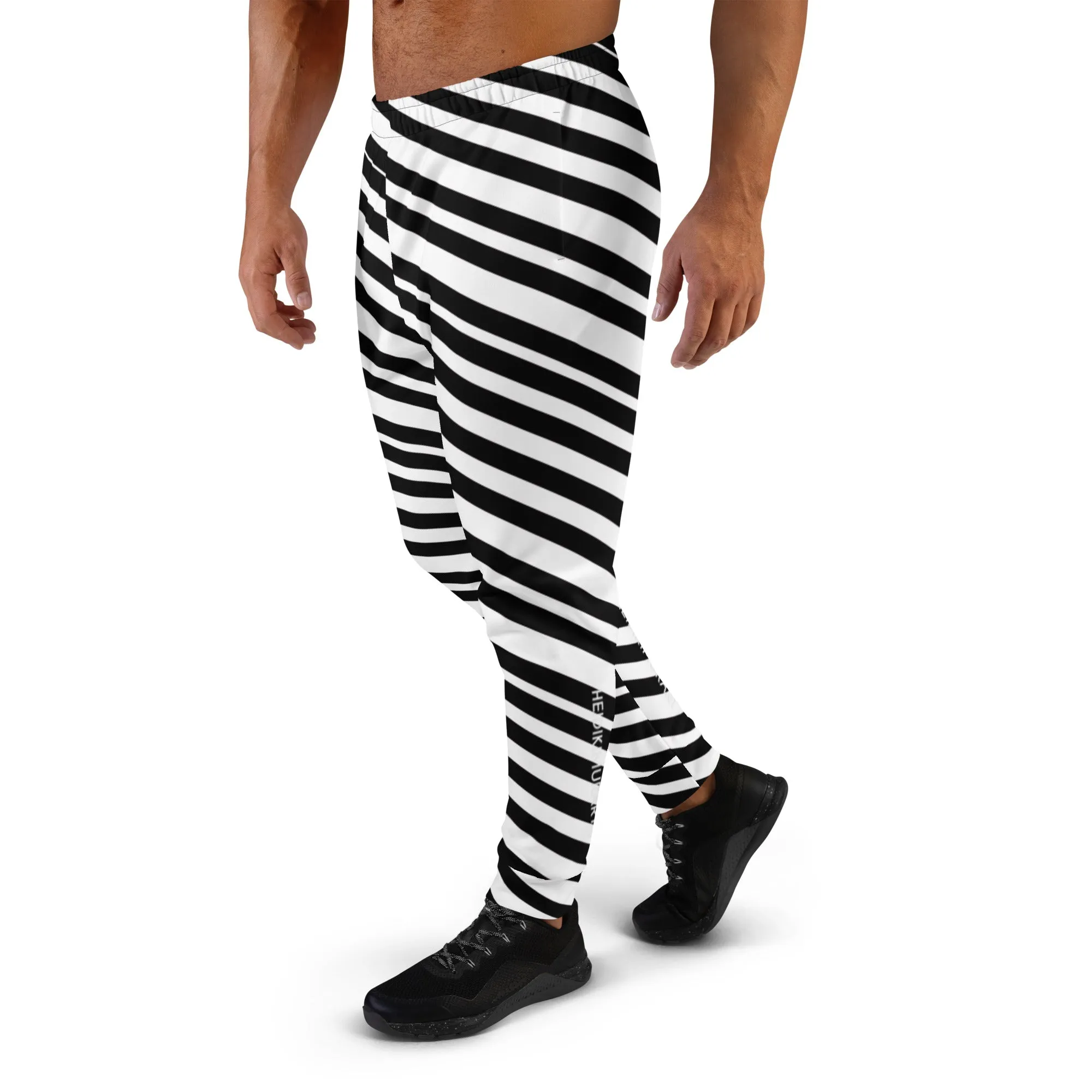 Black White Stripes Men's Joggers, Diagonally Striped Men's Sweatpants Joggers-Made in USA/EU/MX