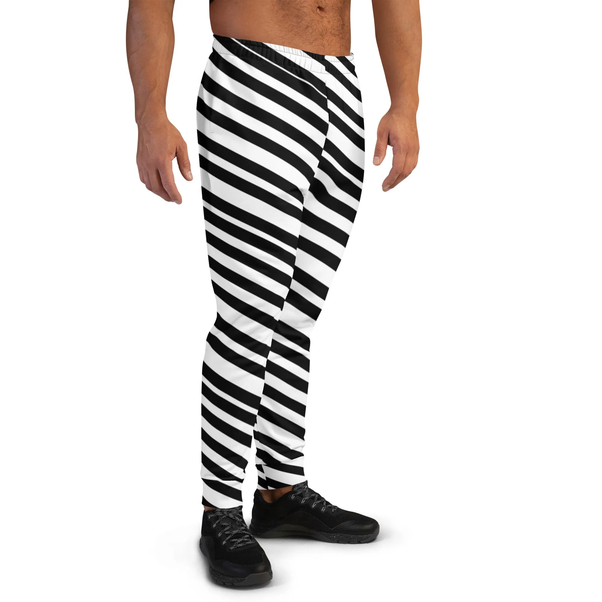 Black White Stripes Men's Joggers, Diagonally Striped Men's Sweatpants Joggers-Made in USA/EU/MX