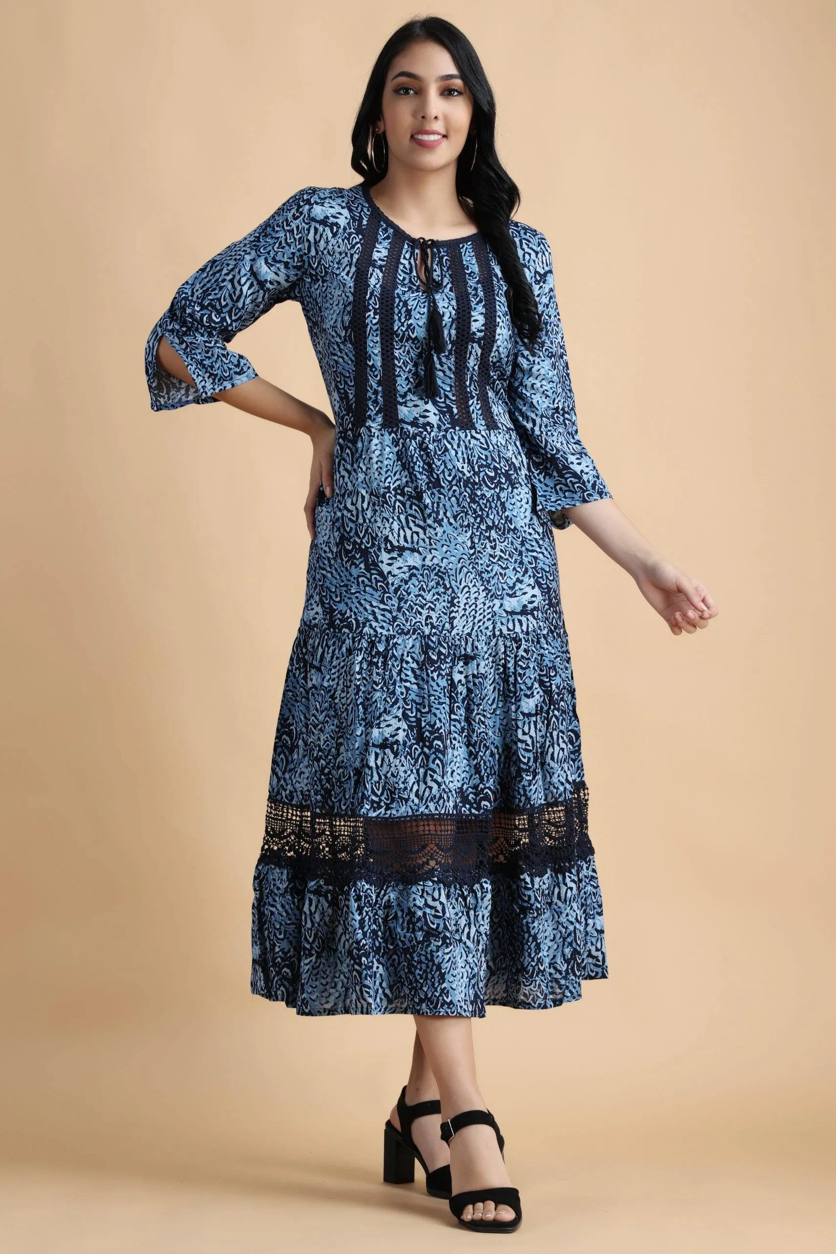 Blue Abstract Printed Dress with Lace