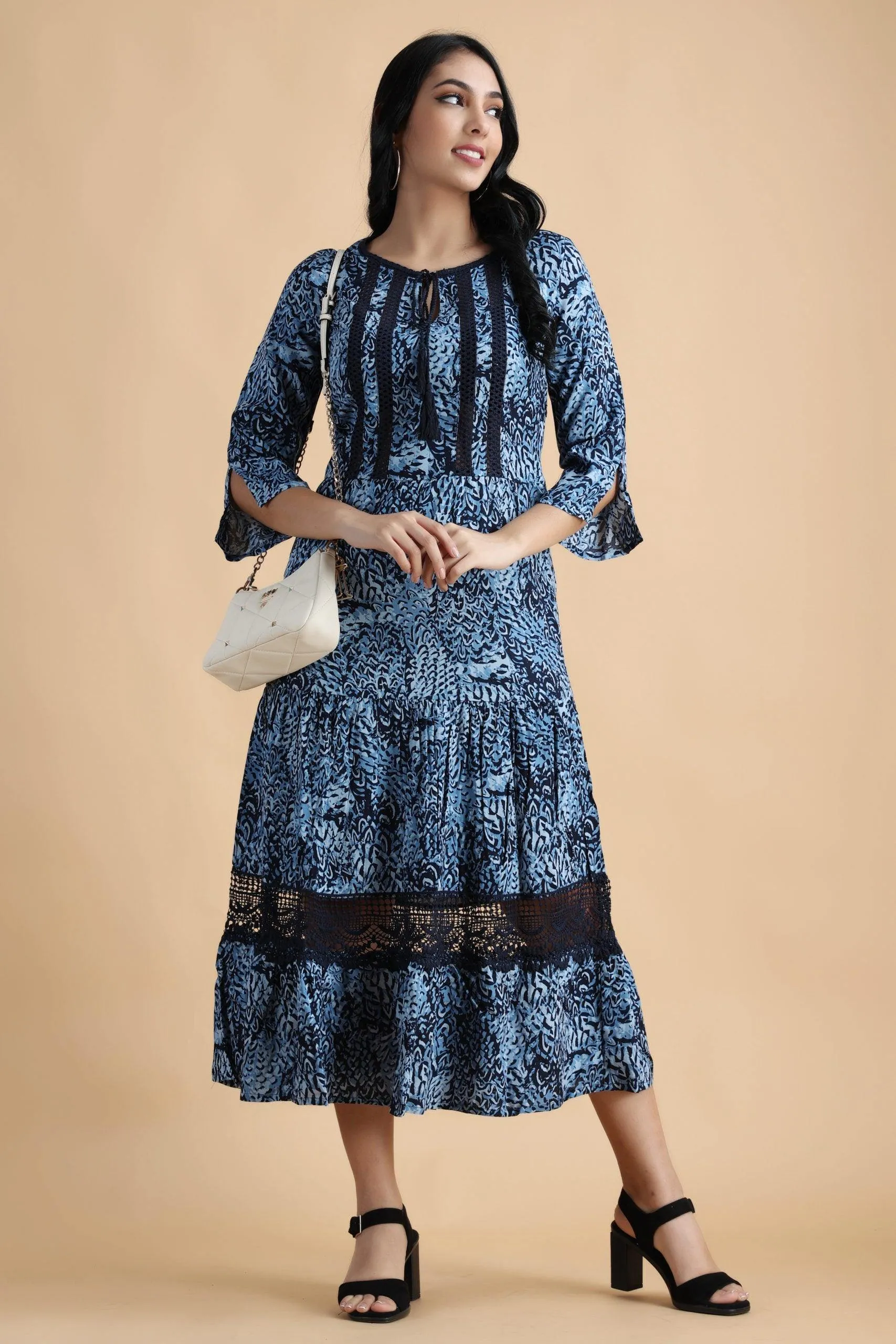 Blue Abstract Printed Dress with Lace