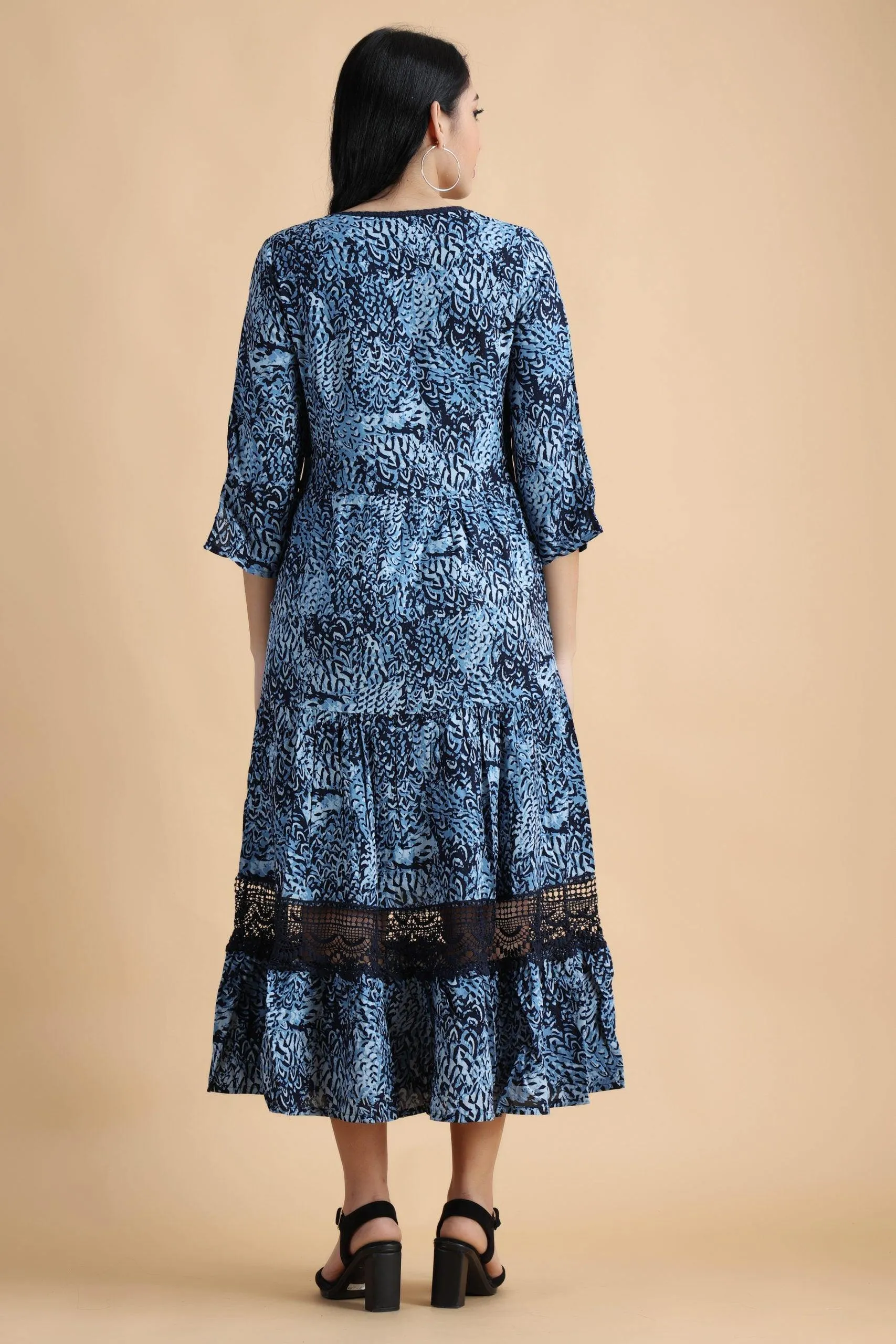 Blue Abstract Printed Dress with Lace