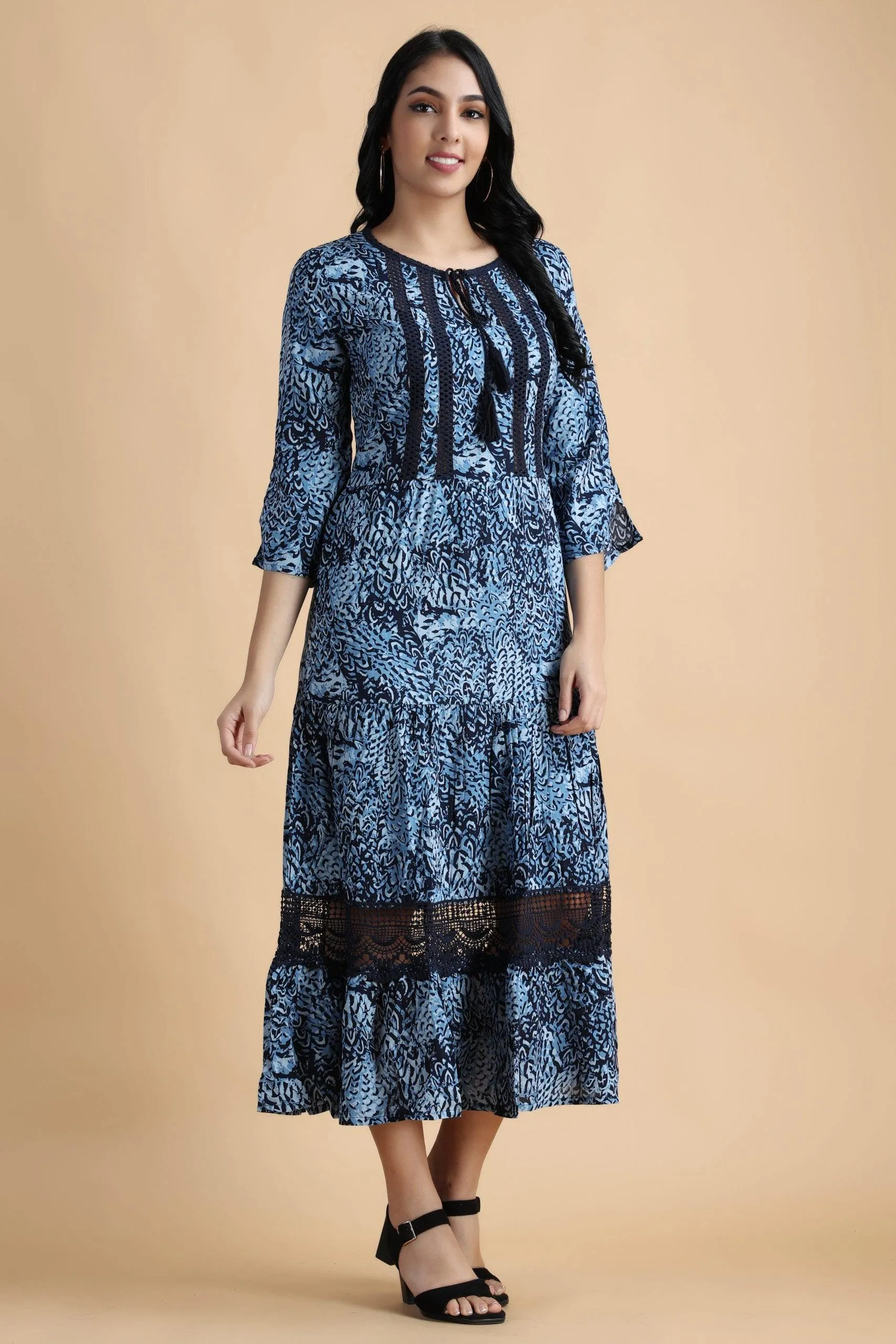 Blue Abstract Printed Dress with Lace