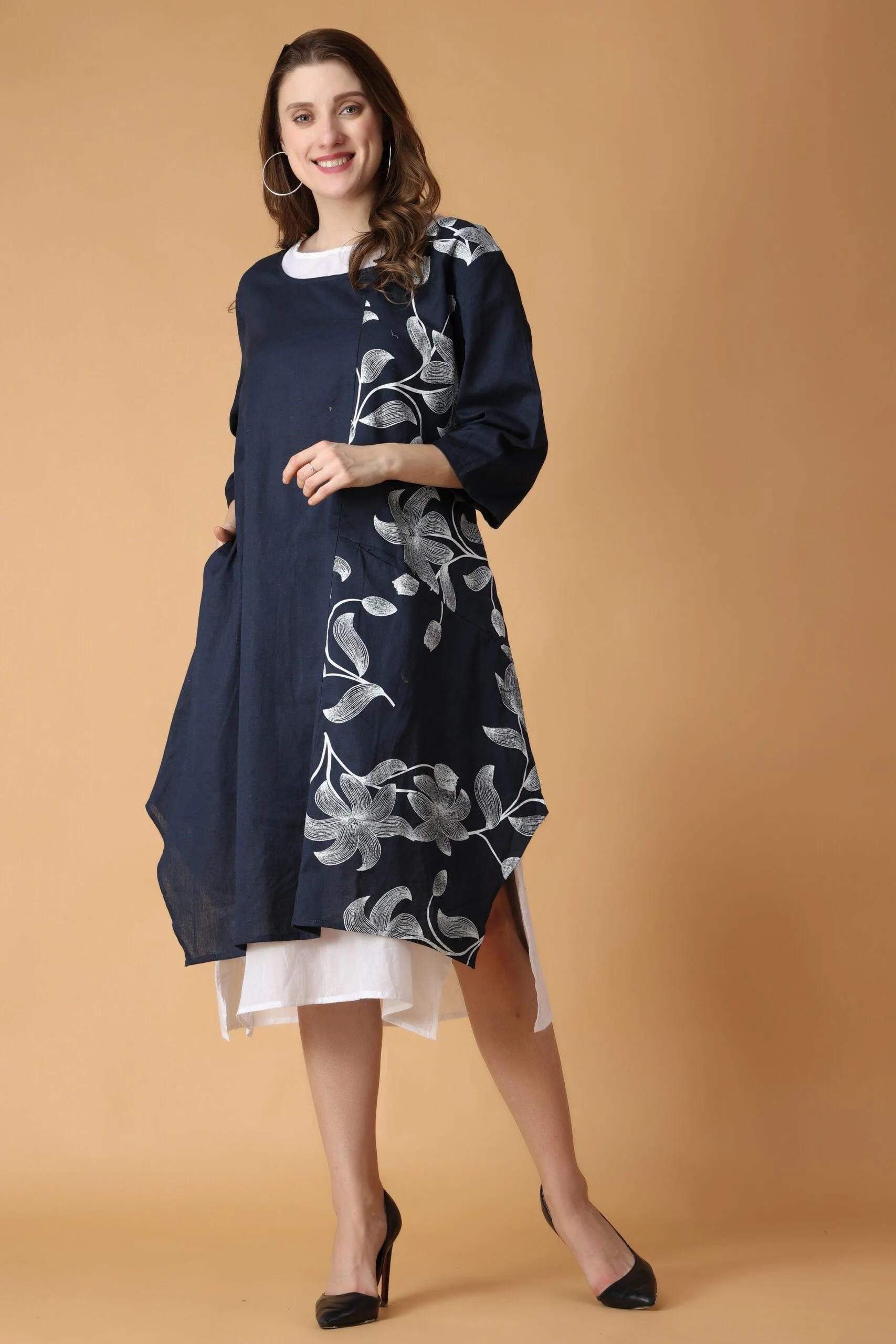 Blue & White Solid Two Layered Kurti with Floral Patch