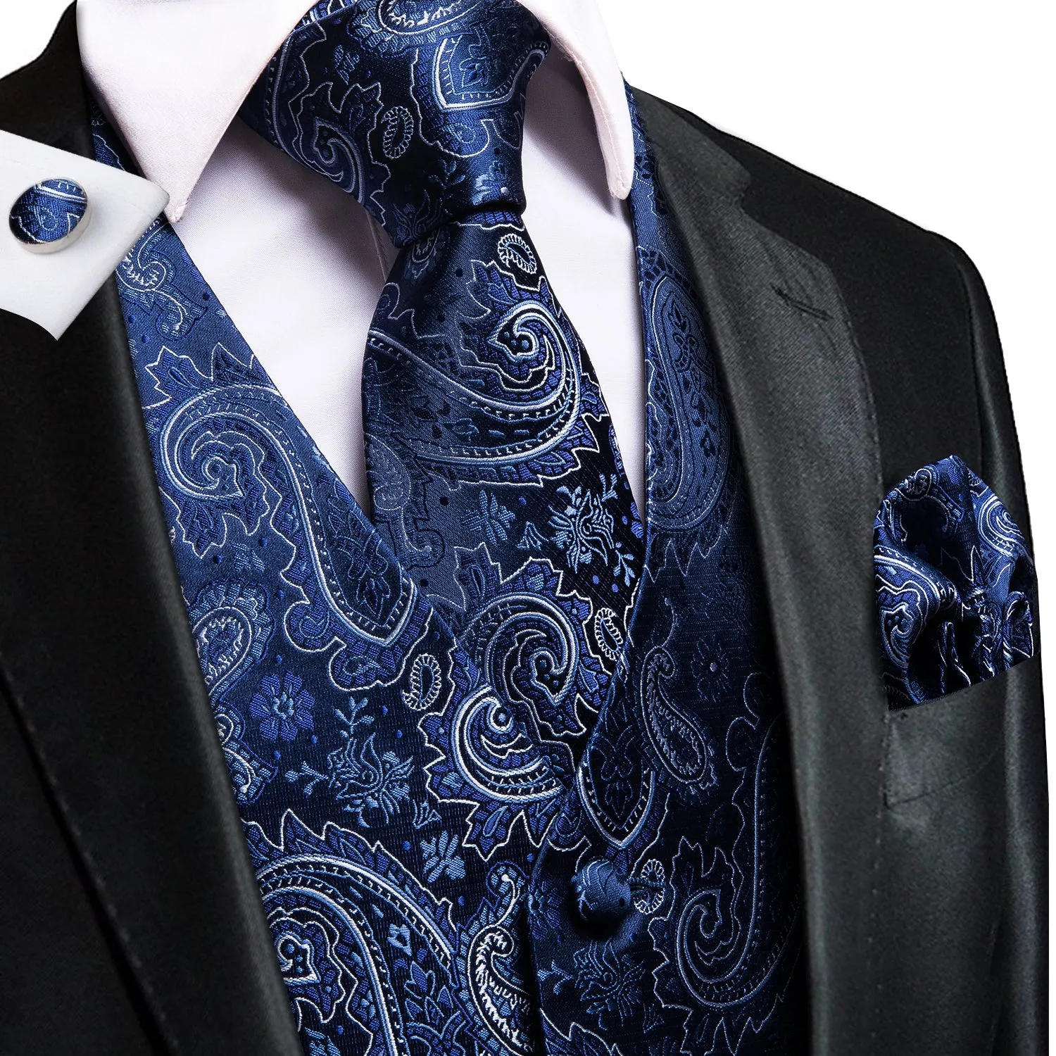 Blue Paisley Silk Men's Vest Hanky Cufflinks Tie Set Waistcoat Suit Set