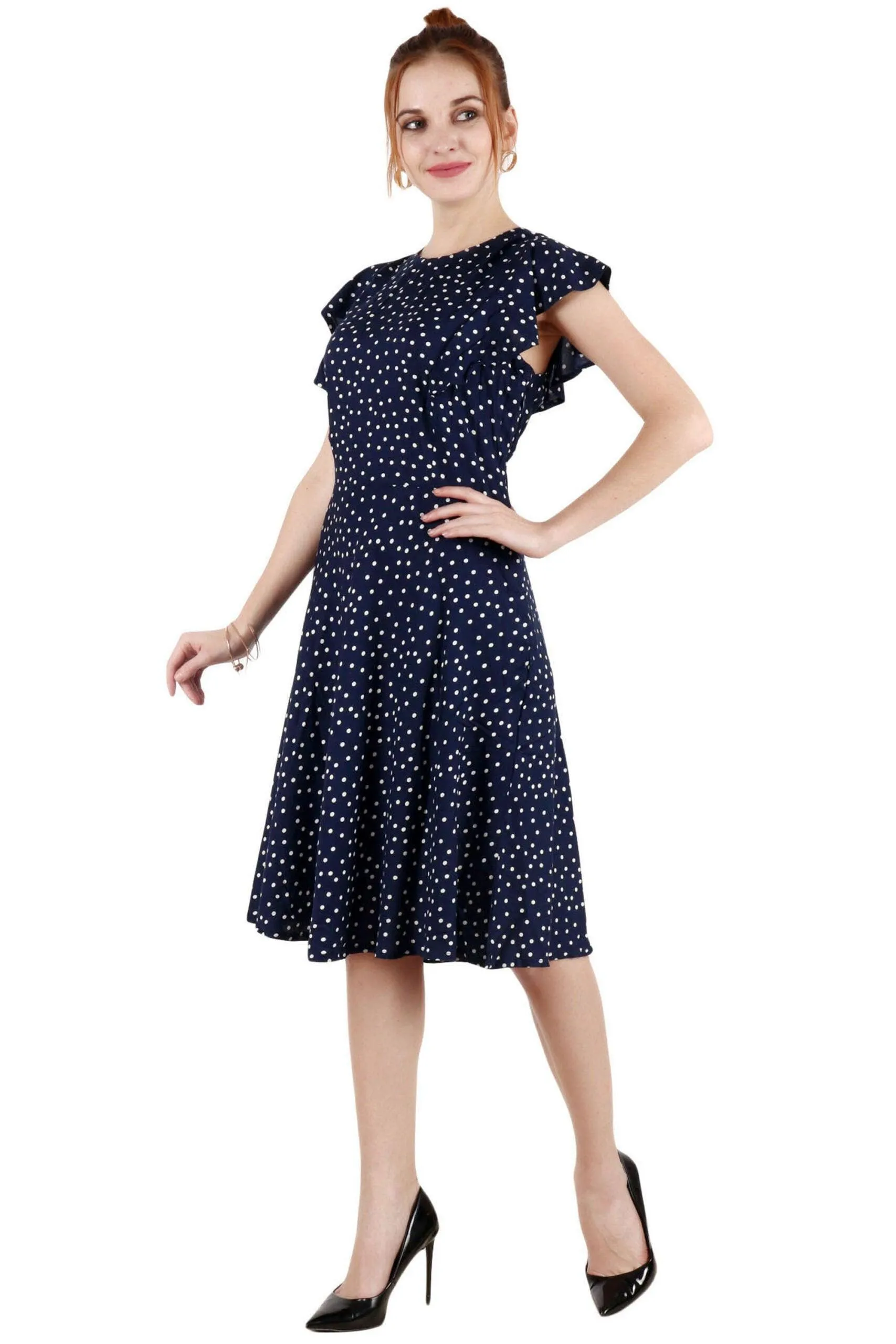 Blue Polka Dots Printed Frill Dress