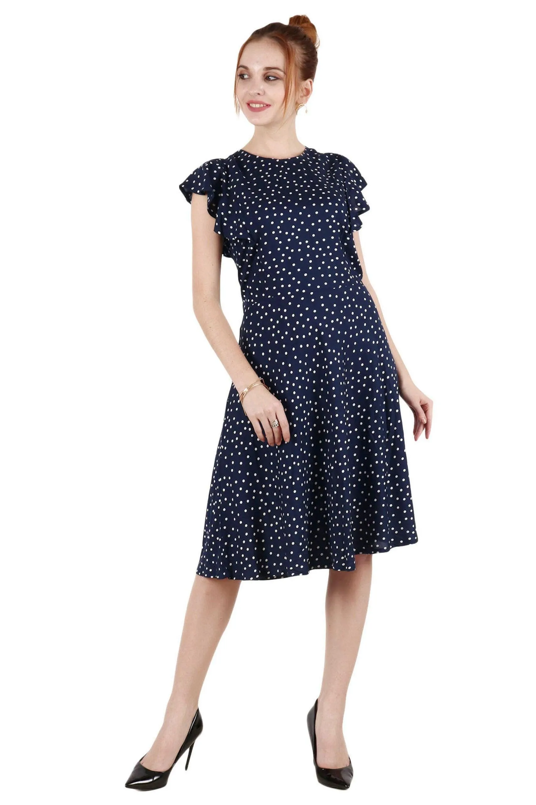 Blue Polka Dots Printed Frill Dress