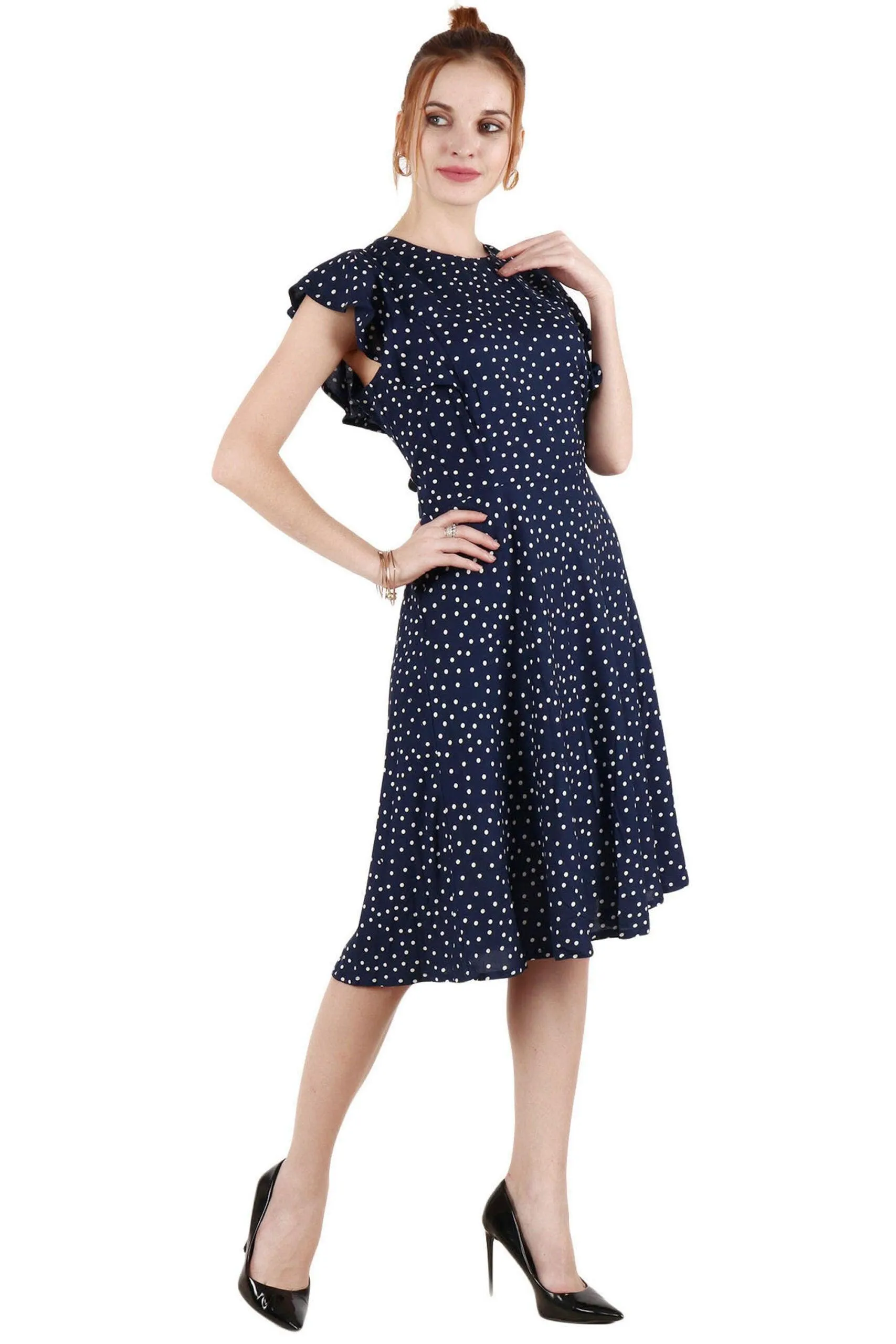 Blue Polka Dots Printed Frill Dress