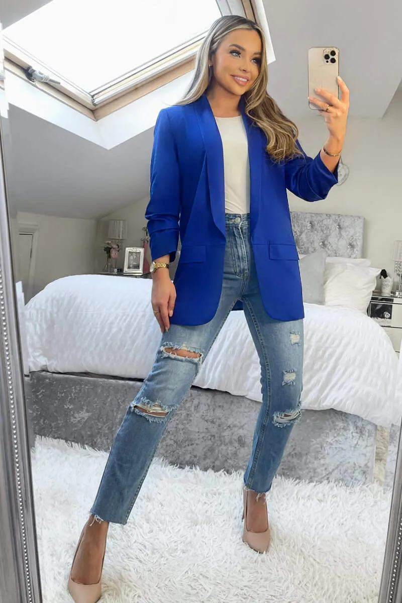 Blue Ruched Sleeve Blazer