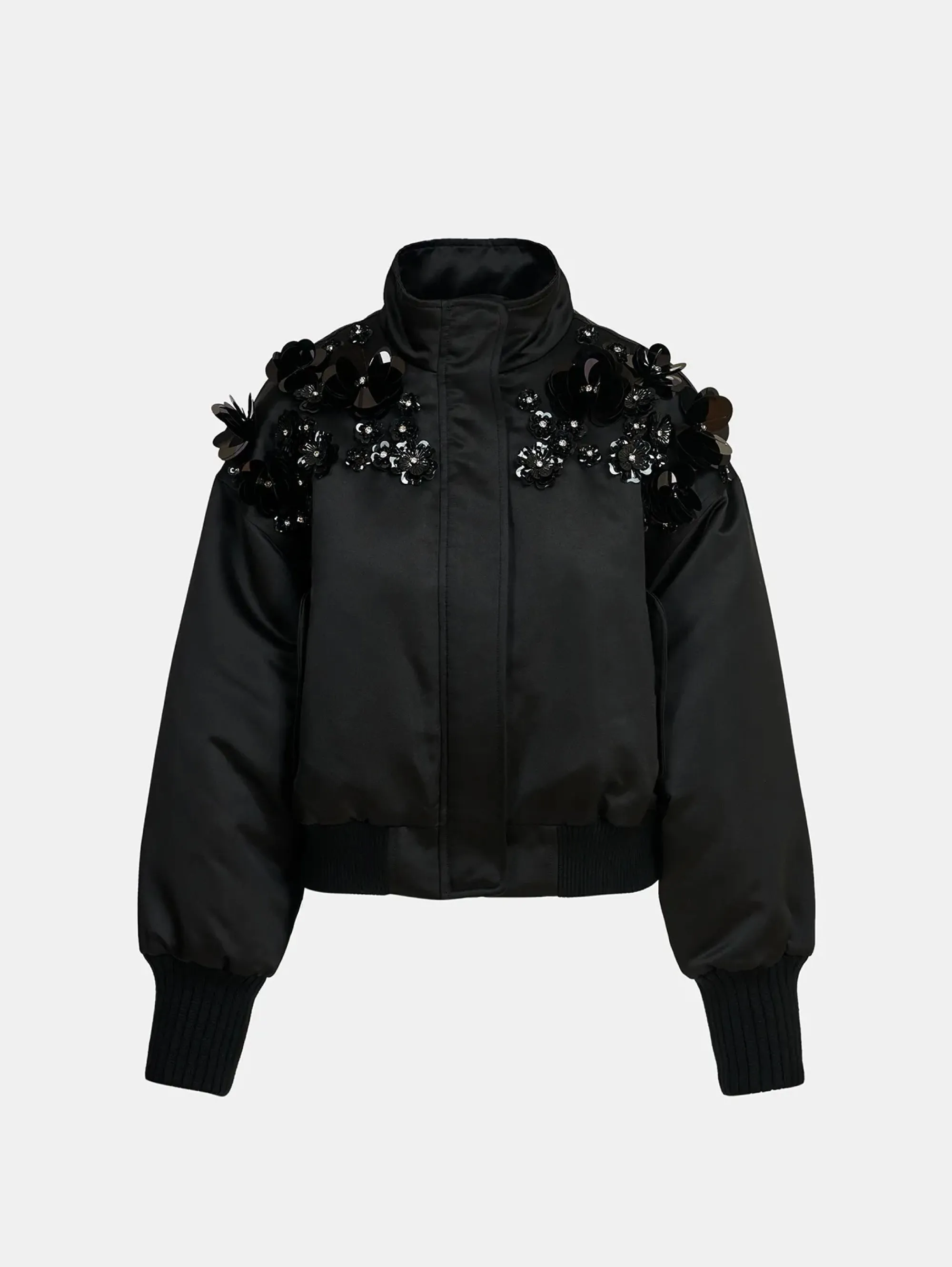 Bomber in raso con Paillettes e Strass Nero