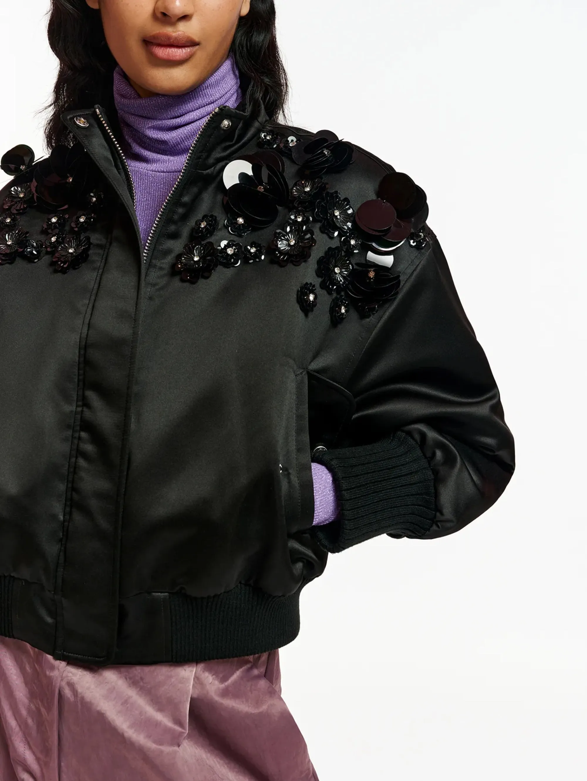 Bomber in raso con Paillettes e Strass Nero