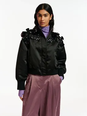 Bomber in raso con Paillettes e Strass Nero