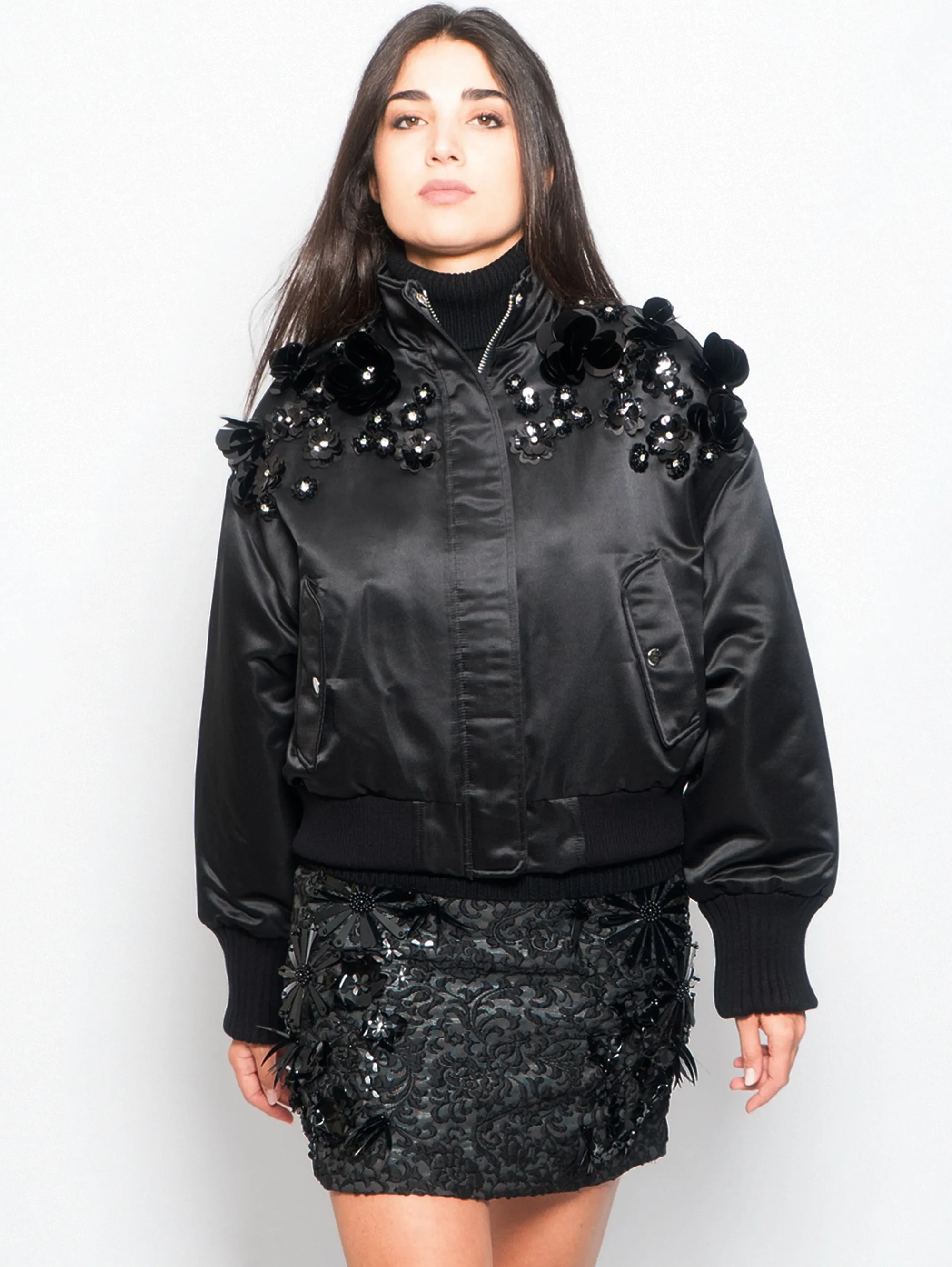 Bomber in raso con Paillettes e Strass Nero