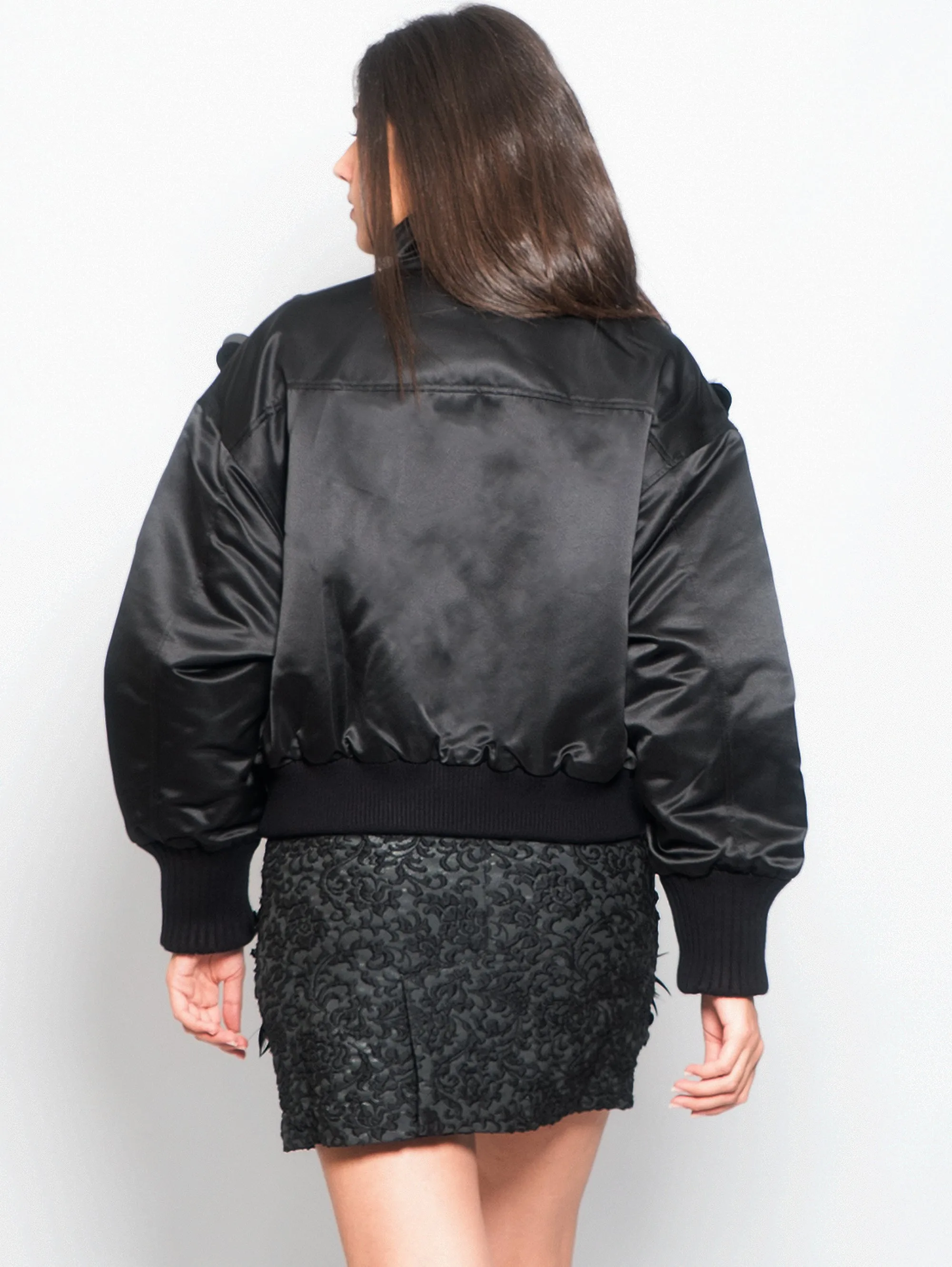 Bomber in raso con Paillettes e Strass Nero