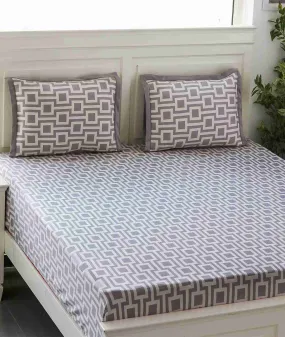 Box In Box Cotton Knitted King Size Double Bed Fitted Sheet With 2 Pillow Covers Set (Light Grey & Natural)