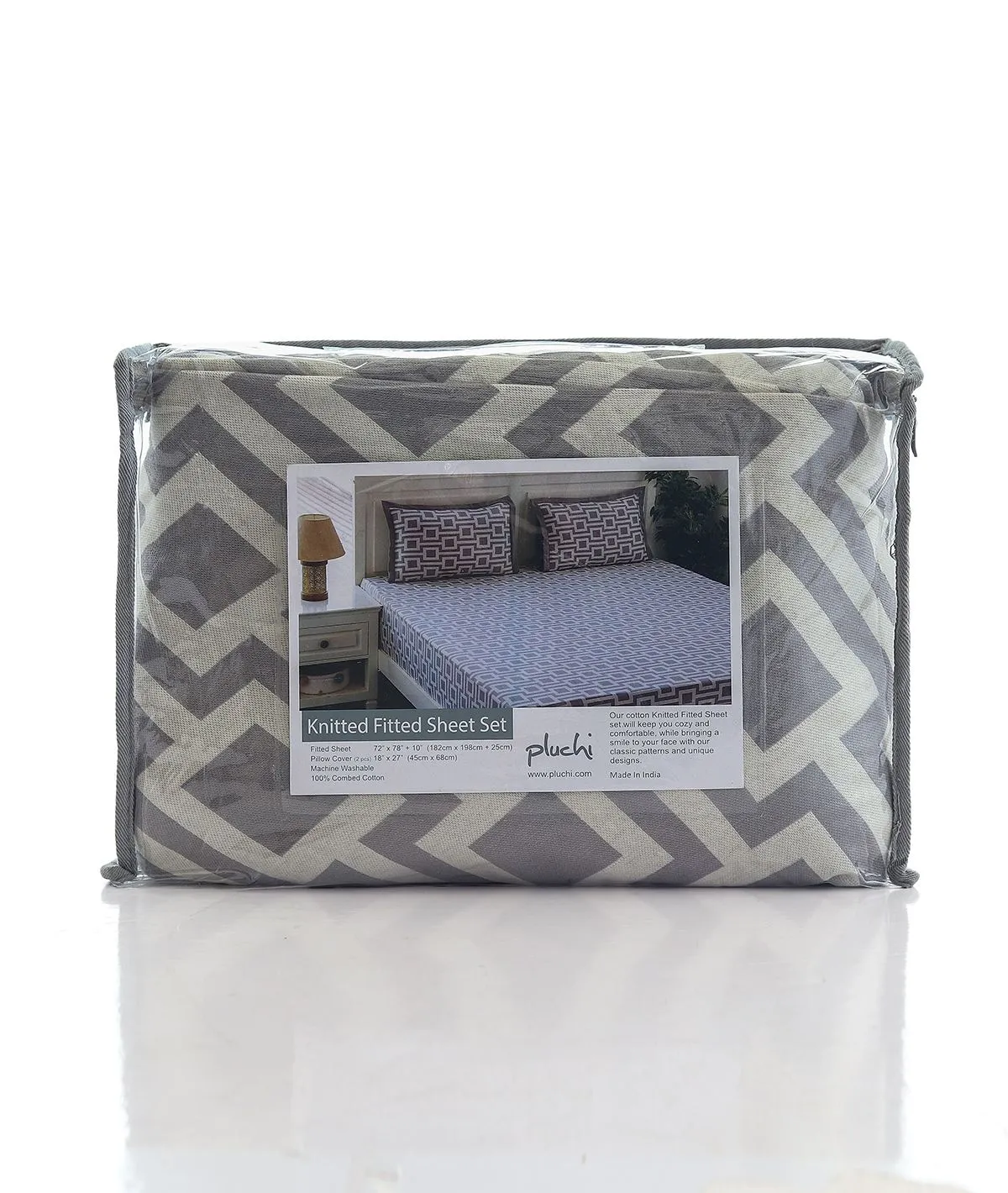 Box In Box Cotton Knitted King Size Double Bed Fitted Sheet With 2 Pillow Covers Set (Light Grey & Natural)