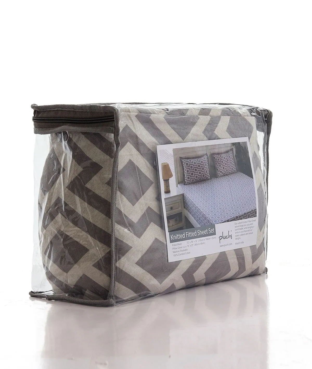 Box In Box Cotton Knitted King Size Double Bed Fitted Sheet With 2 Pillow Covers Set (Light Grey & Natural)