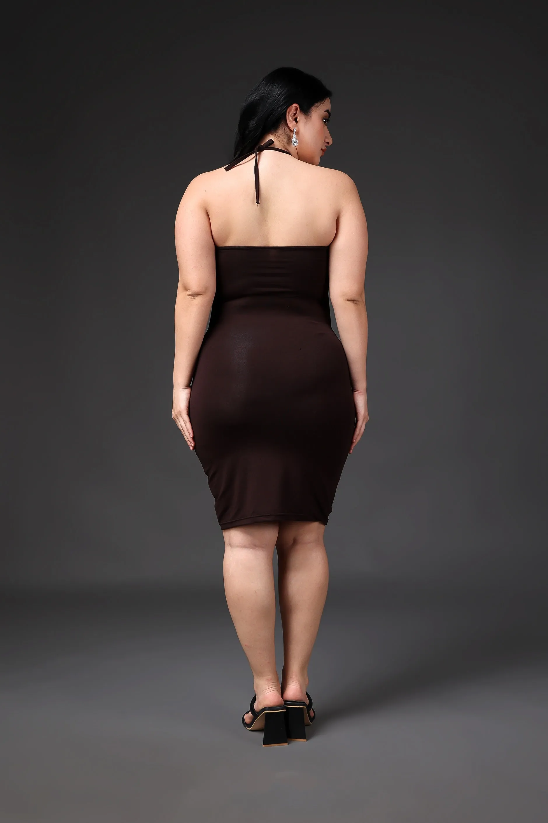 Brown Solid Front Cut Bodycon Dress