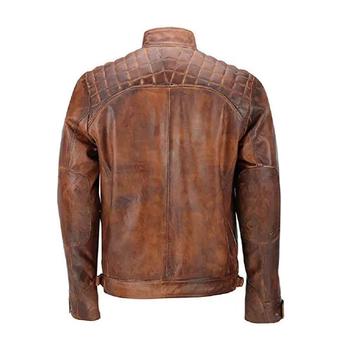 Cafe Racer Men Vintage Biker Distressed Quilted Brown Leather Jacket