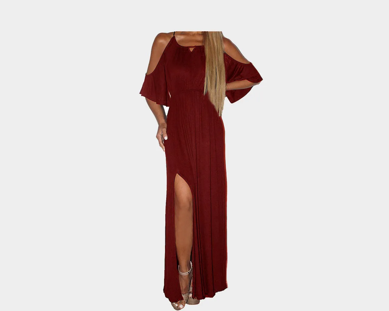 Cherry Red Open Shoulder Slit Dress - The French Riviera