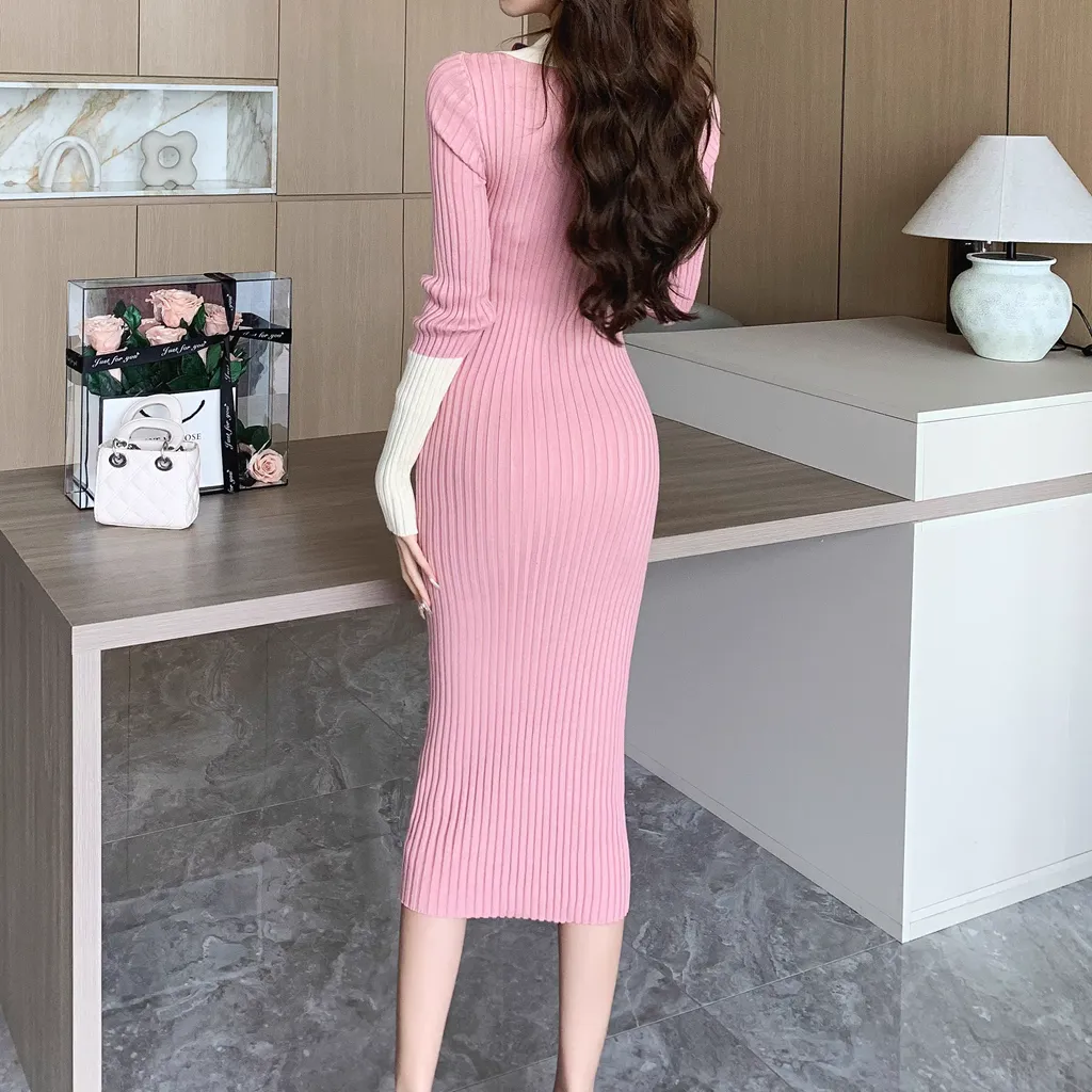 Color Matching Lapel Slim Long Sleeve Knitted Dress