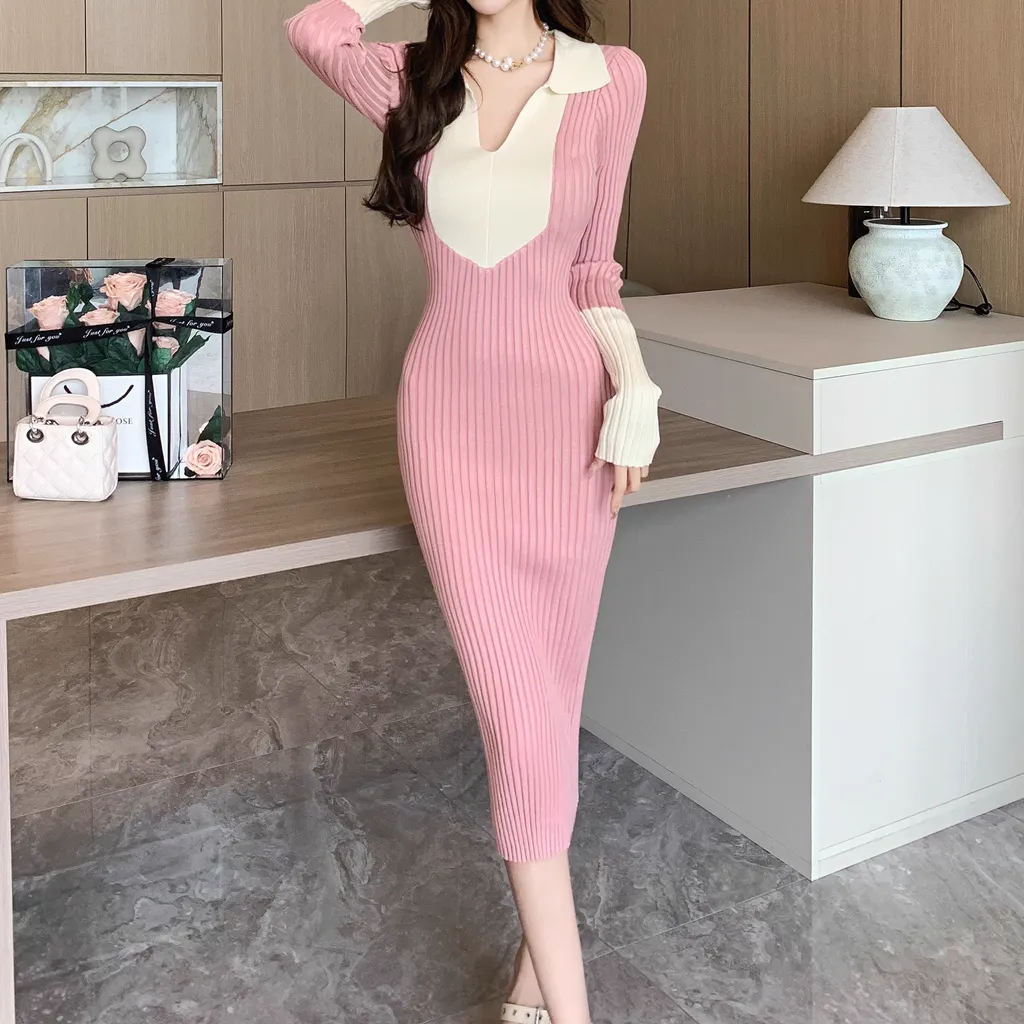 Color Matching Lapel Slim Long Sleeve Knitted Dress