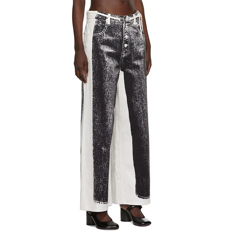 Conceptual Style Contrast Printed Drawstring High Waist Wide Leg Jeans