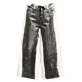 Conceptual Style Contrast Printed Drawstring High Waist Wide Leg Jeans