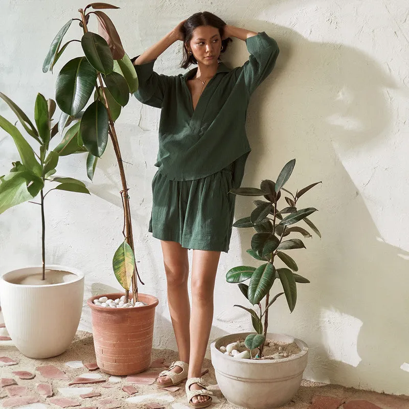 Cotton Solid Co Ord Set For Women | Top & Shorts | Leafy Green