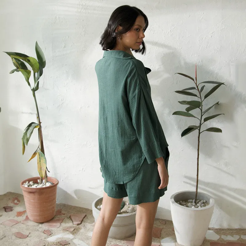 Cotton Solid Co Ord Set For Women | Top & Shorts | Leafy Green