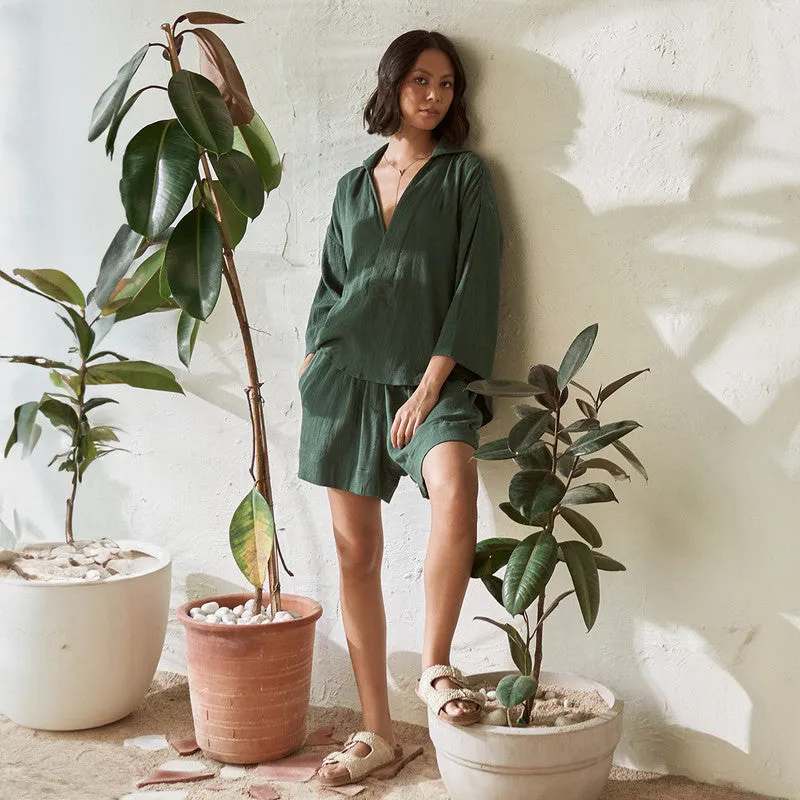 Cotton Solid Co Ord Set For Women | Top & Shorts | Leafy Green