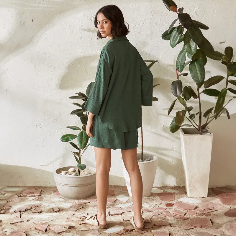 Cotton Solid Co Ord Set For Women | Top & Shorts | Leafy Green