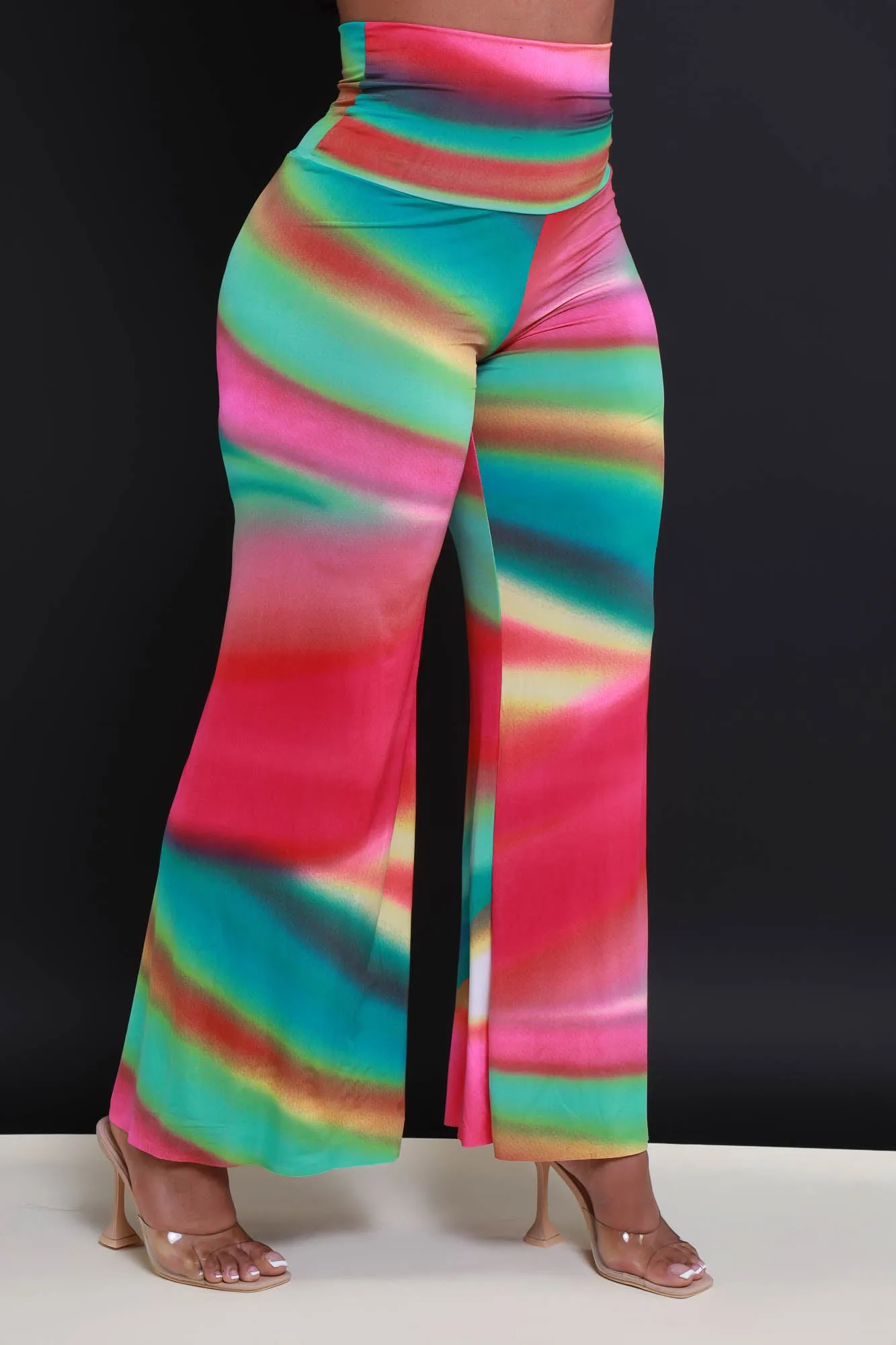 Daybreak High Waist BBL Print Palazzo Pants - Pink Rainbow